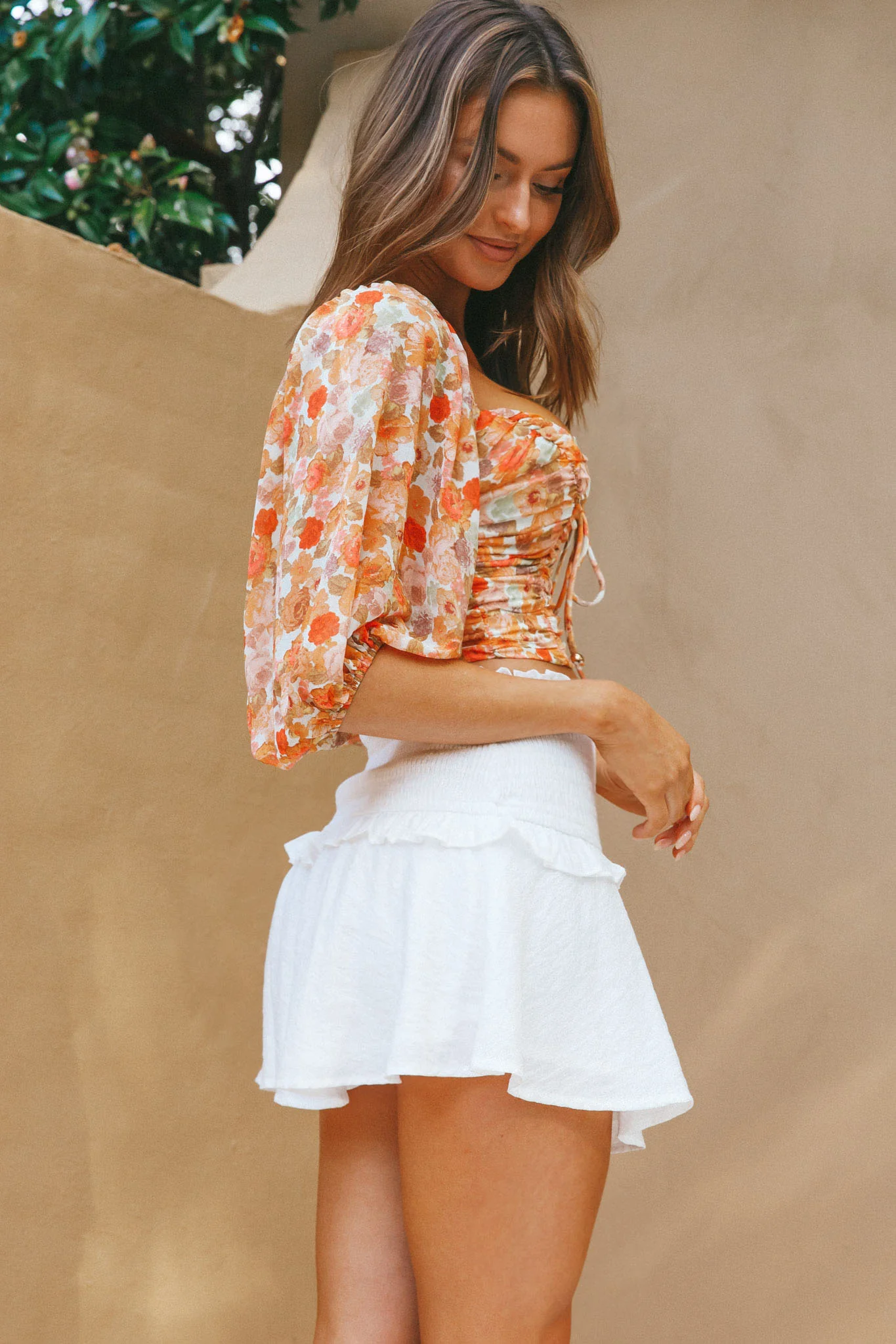 Magic Moment Ruched Tie Bust Crop Top Floral Print Orange