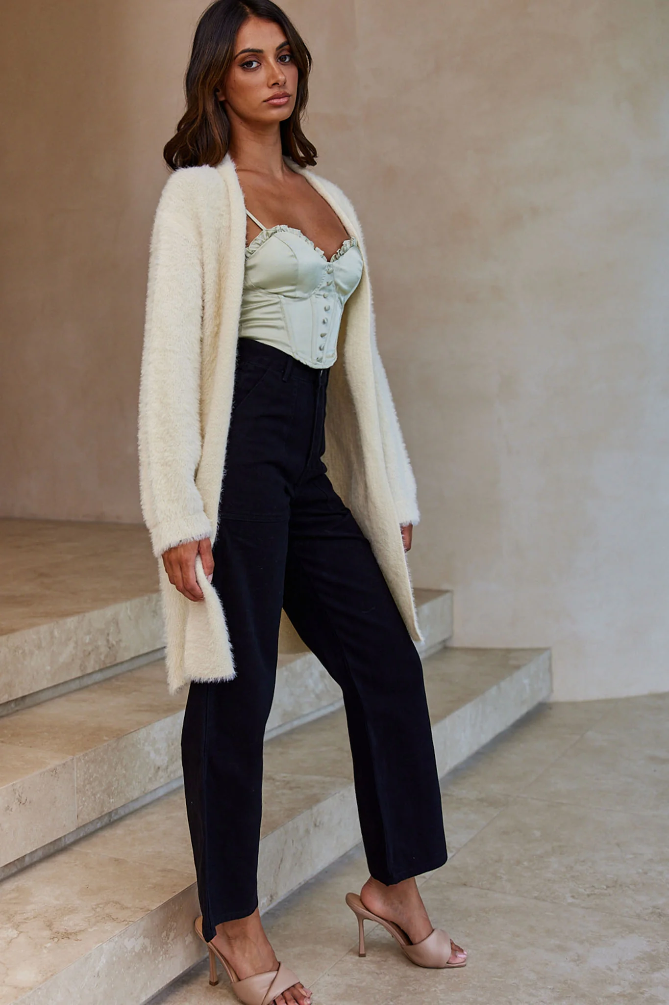Hold The Phone Long Sleeve Fuzzy Duster Cardigan Cream