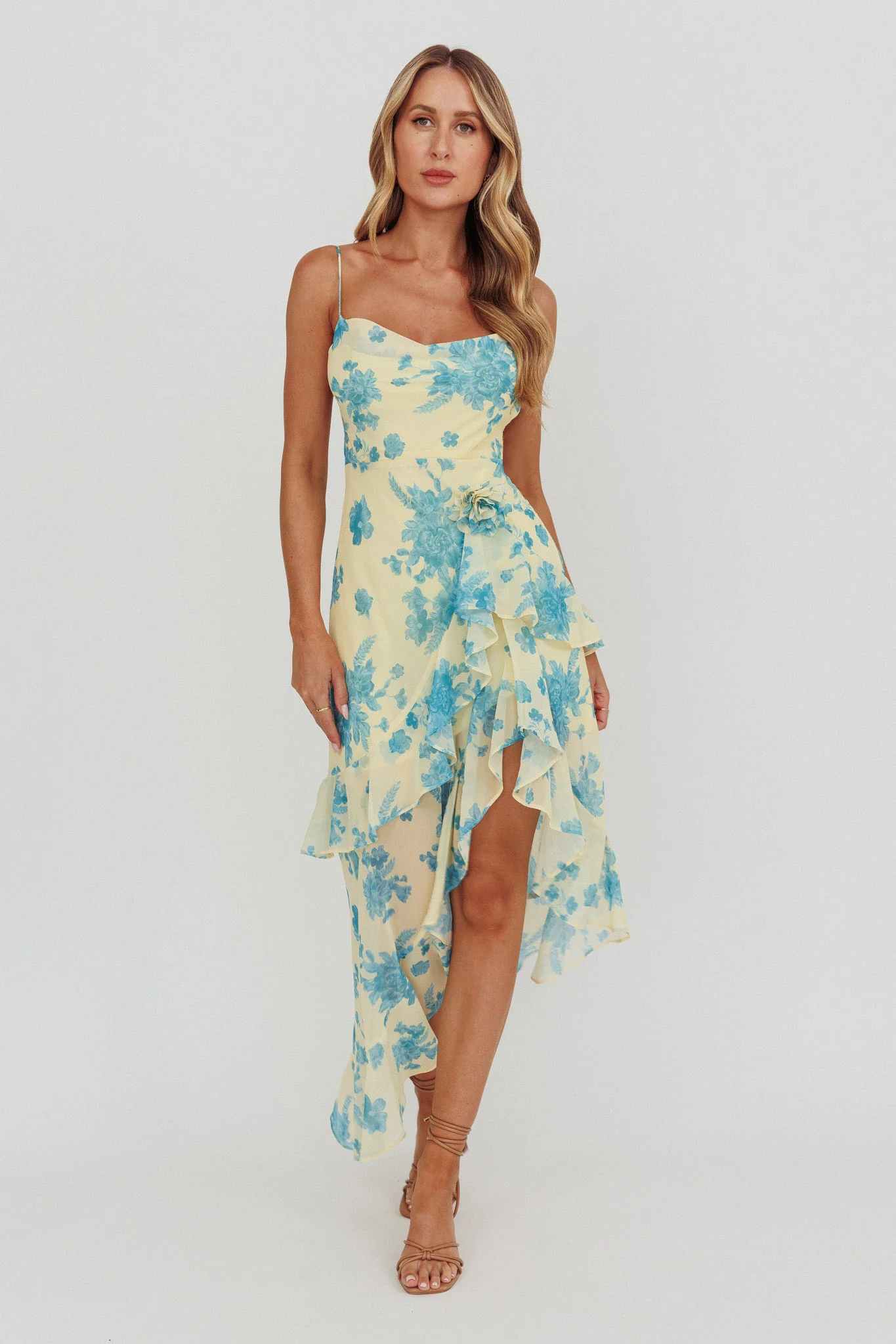 Chances Rosette Ruffle Midi Dress Floral Lemon