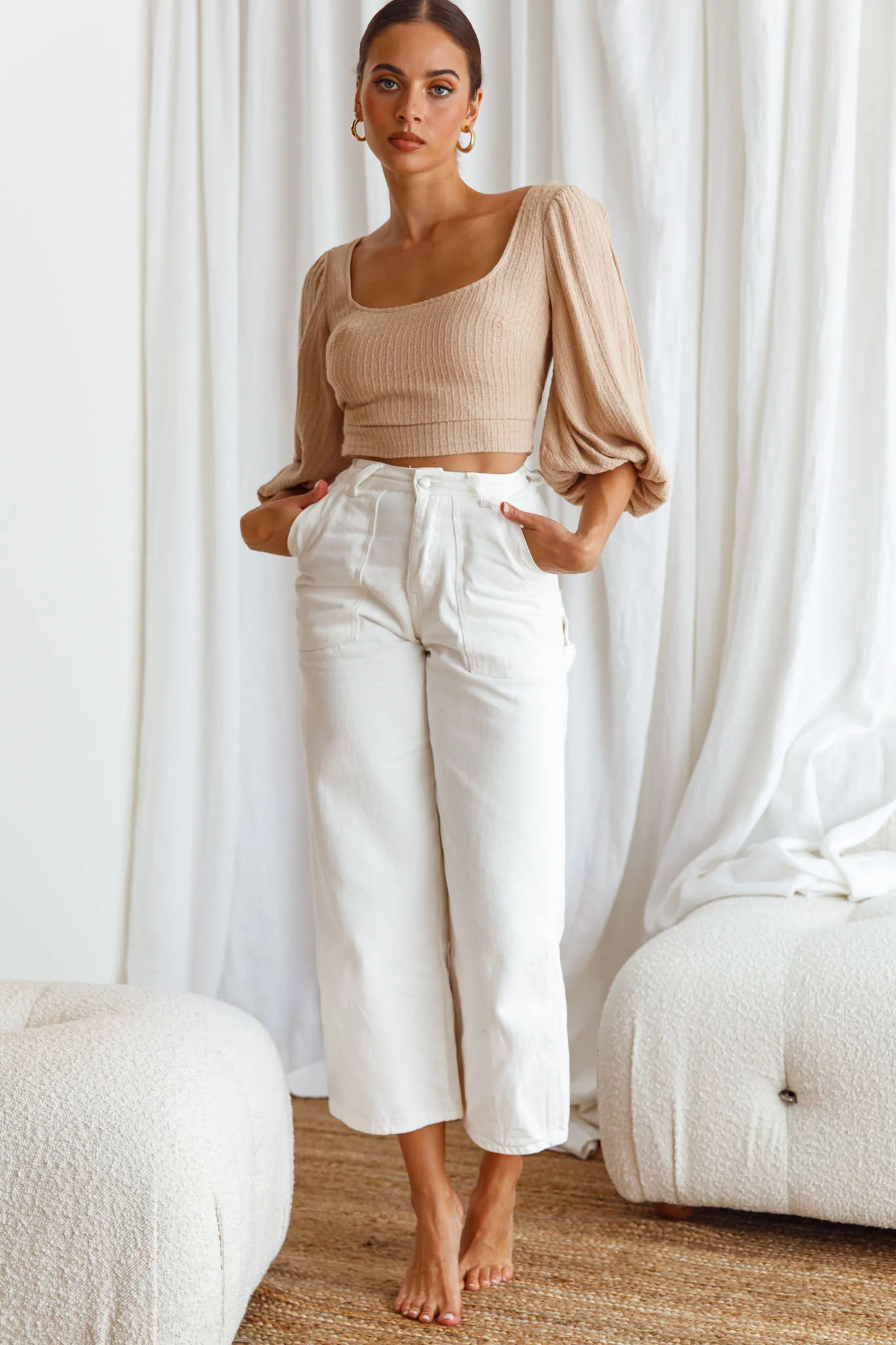 Love Like This Balloon Sleeve Open Back Crop Top Textured Beige