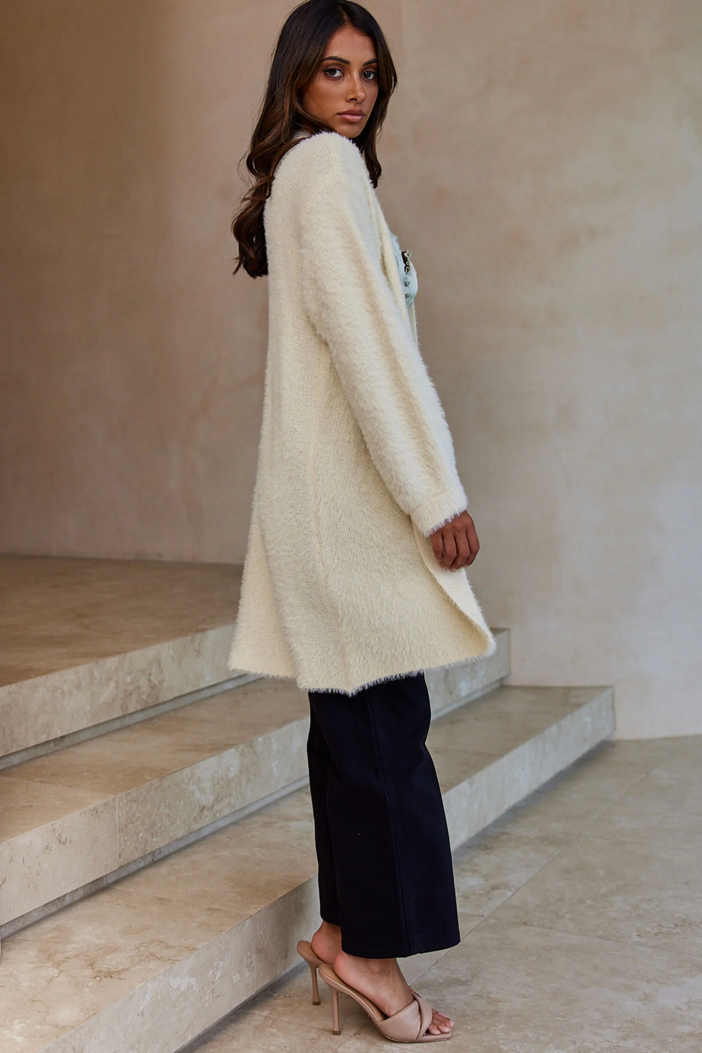 Hold The Phone Long Sleeve Fuzzy Duster Cardigan Cream