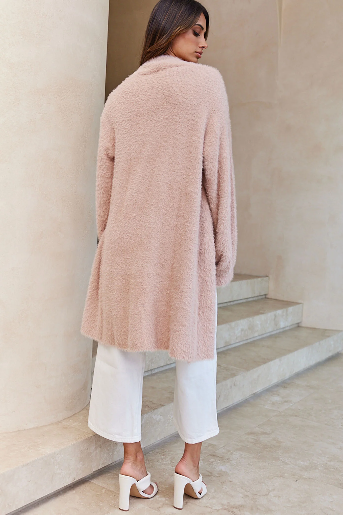 Hold The Phone Long Sleeve Fuzzy Duster Cardigan Blush