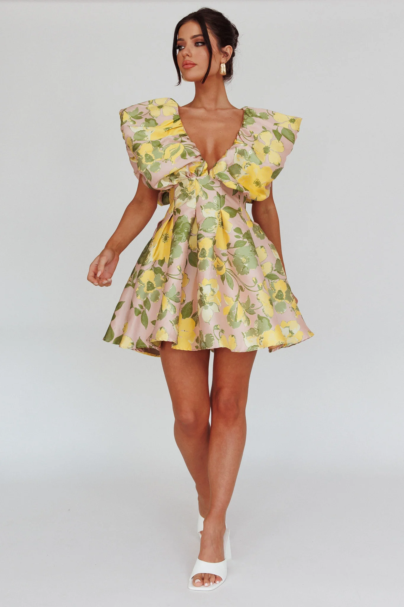 Bennet Puffed Neckline Mini Dress Floral Pink/Yellow