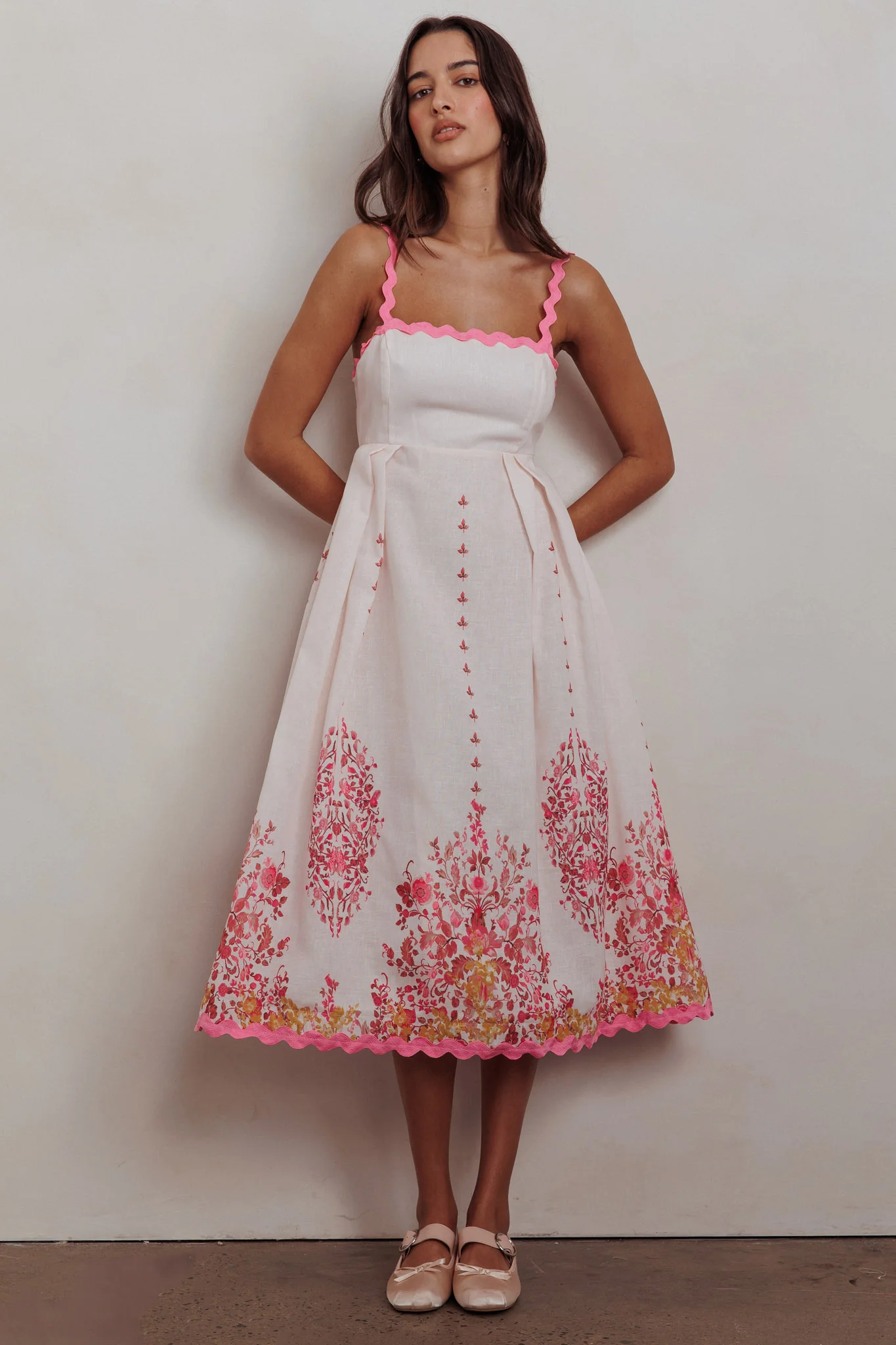 Asami Floral Print Ric Rac Trim Midi Dress Blush