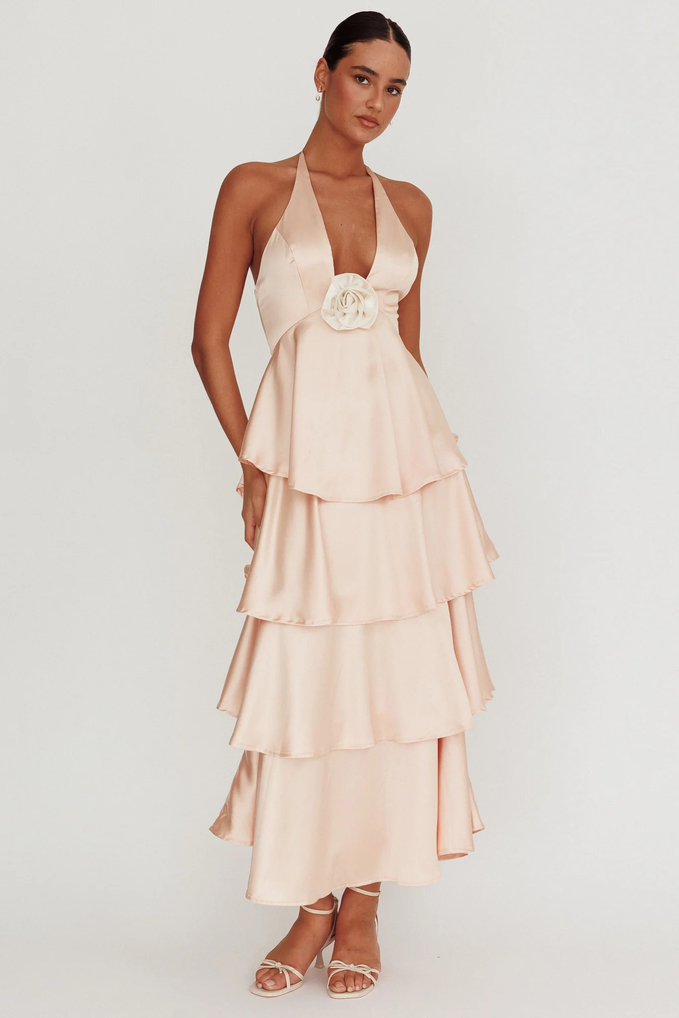 Catalina Tiered Ruffle Rosette Maxi Dress Peach