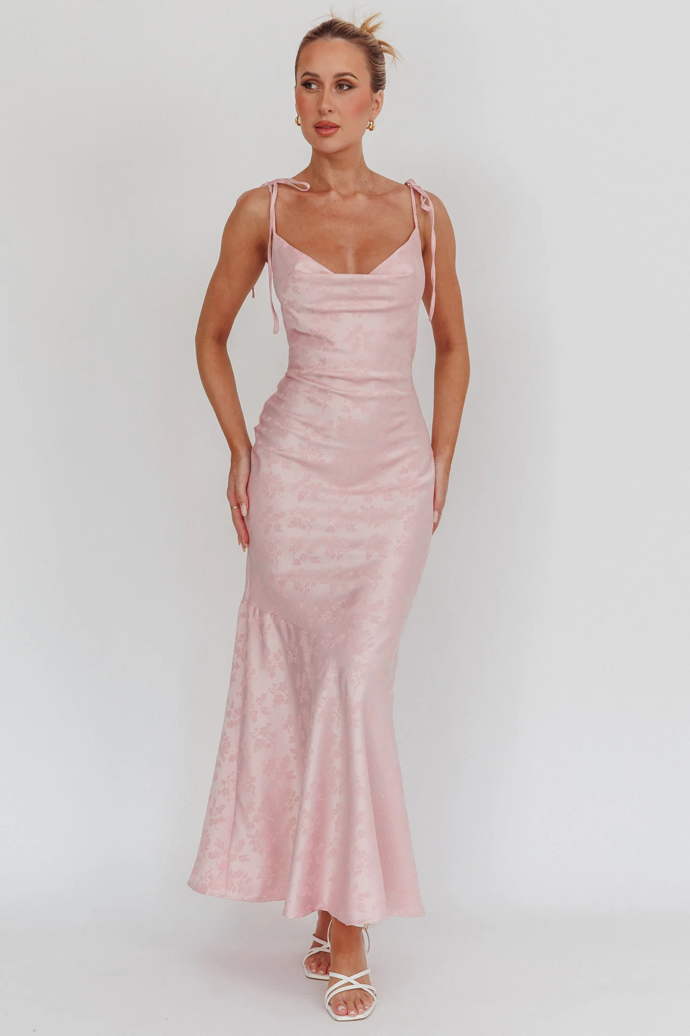 Belonging Cowl Neck Tied Shoulders Maxi Dress Blush
