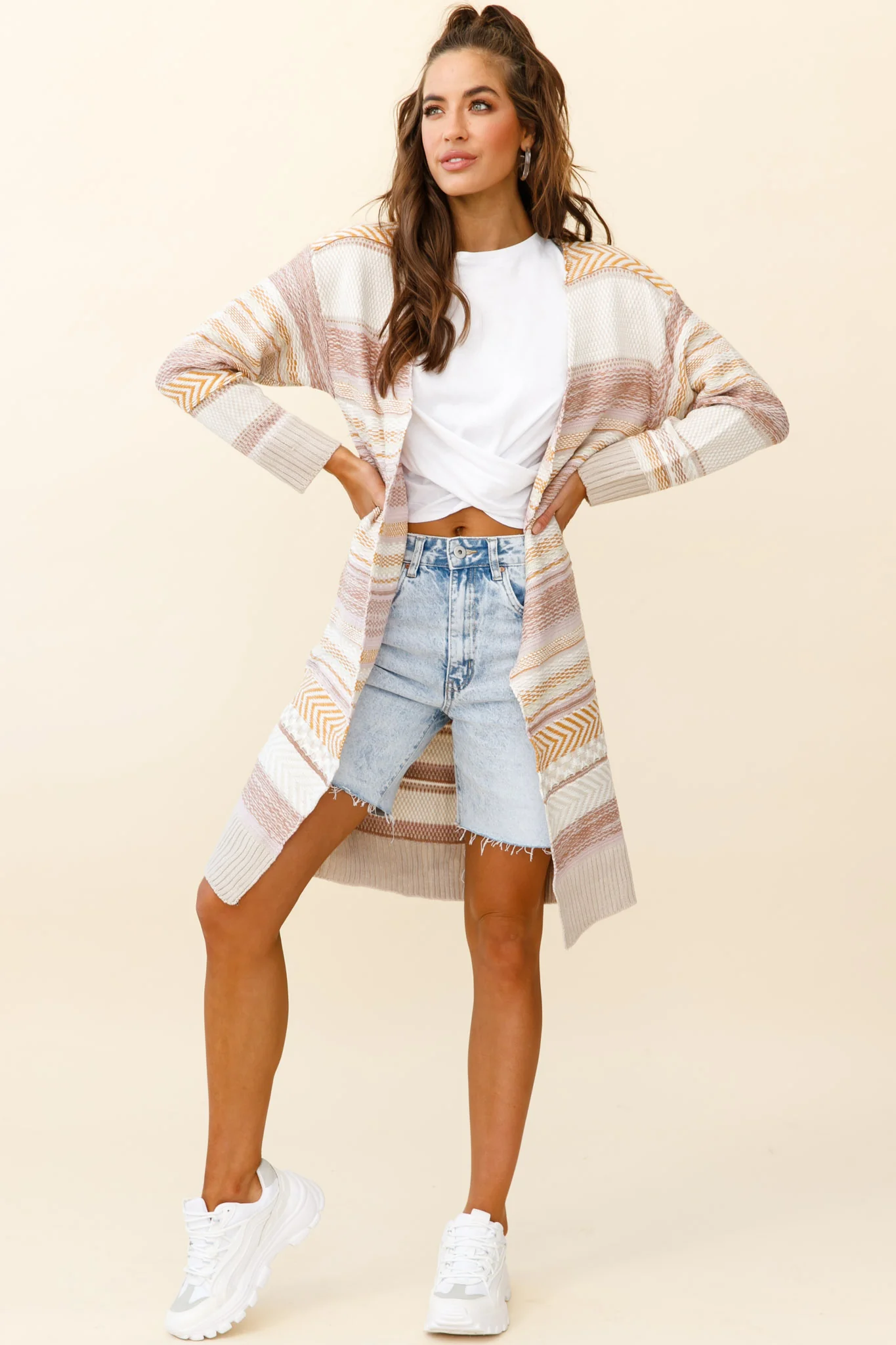 Sabine Long Line Textured Knit Cardigan Beige