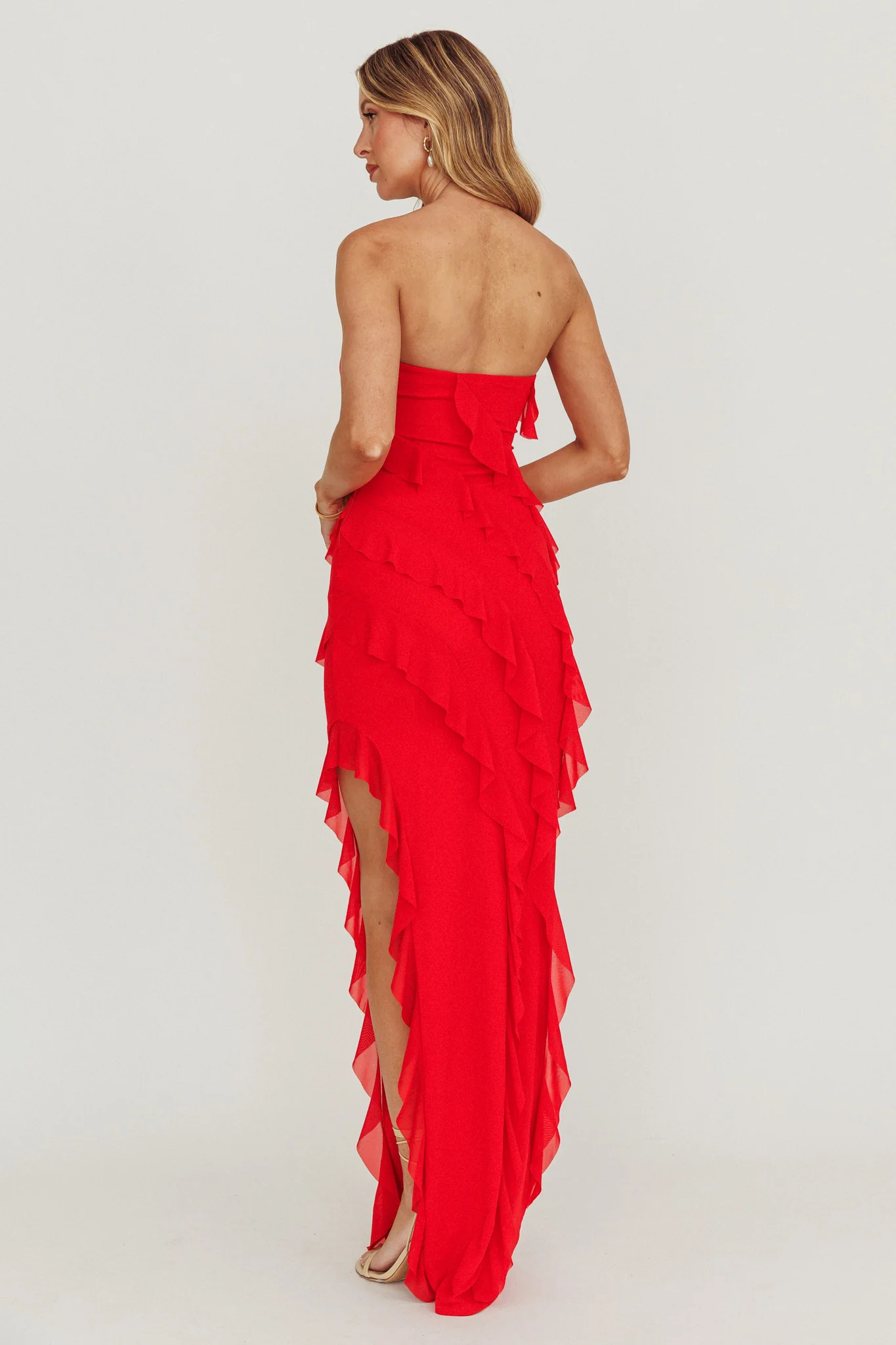 Just Friends Strapless Ruffle Maxi Dress Red