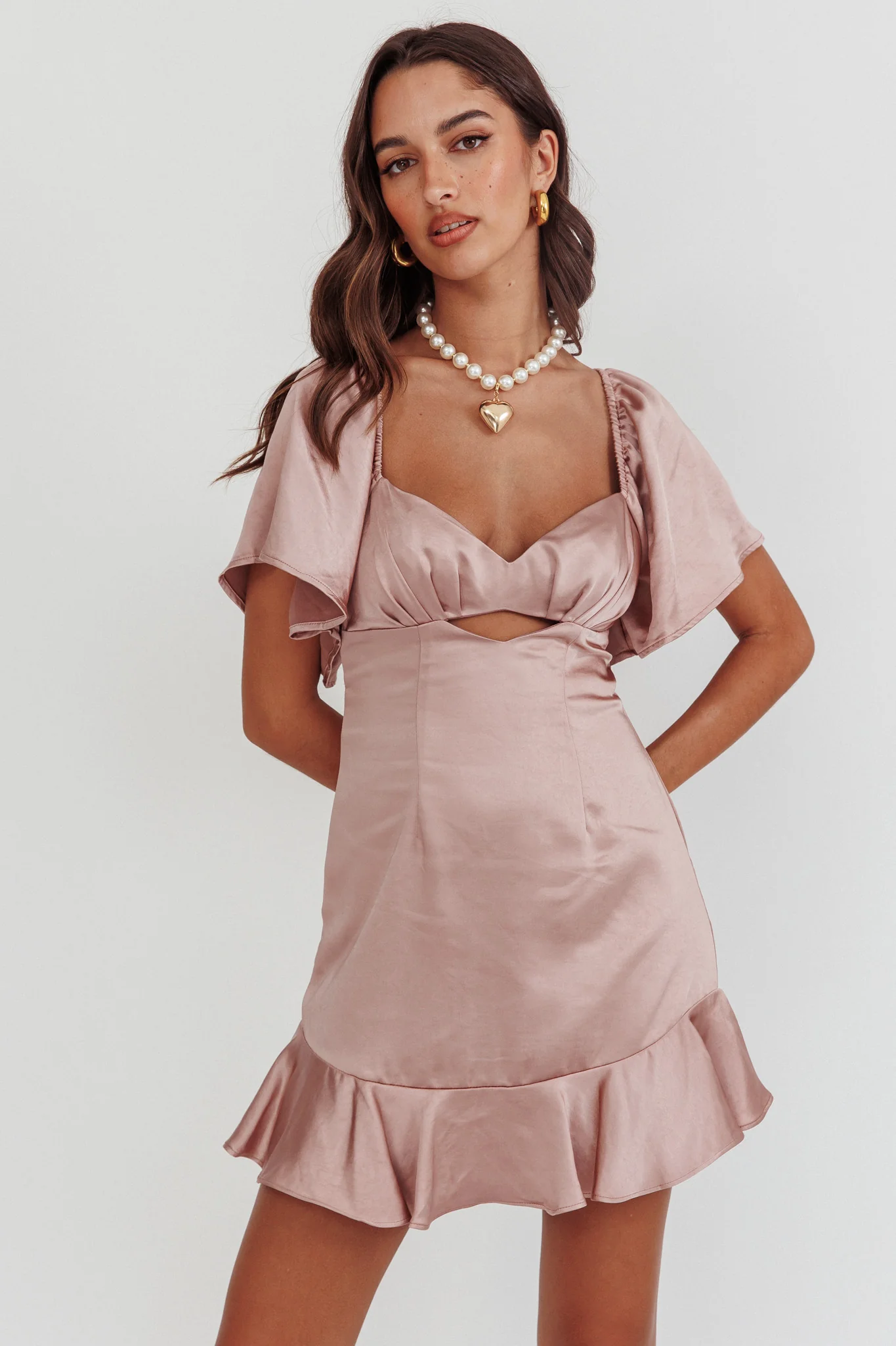 Eyes On You Pleated Bust Angel Sleeve Ruffle Hem Dress Blush