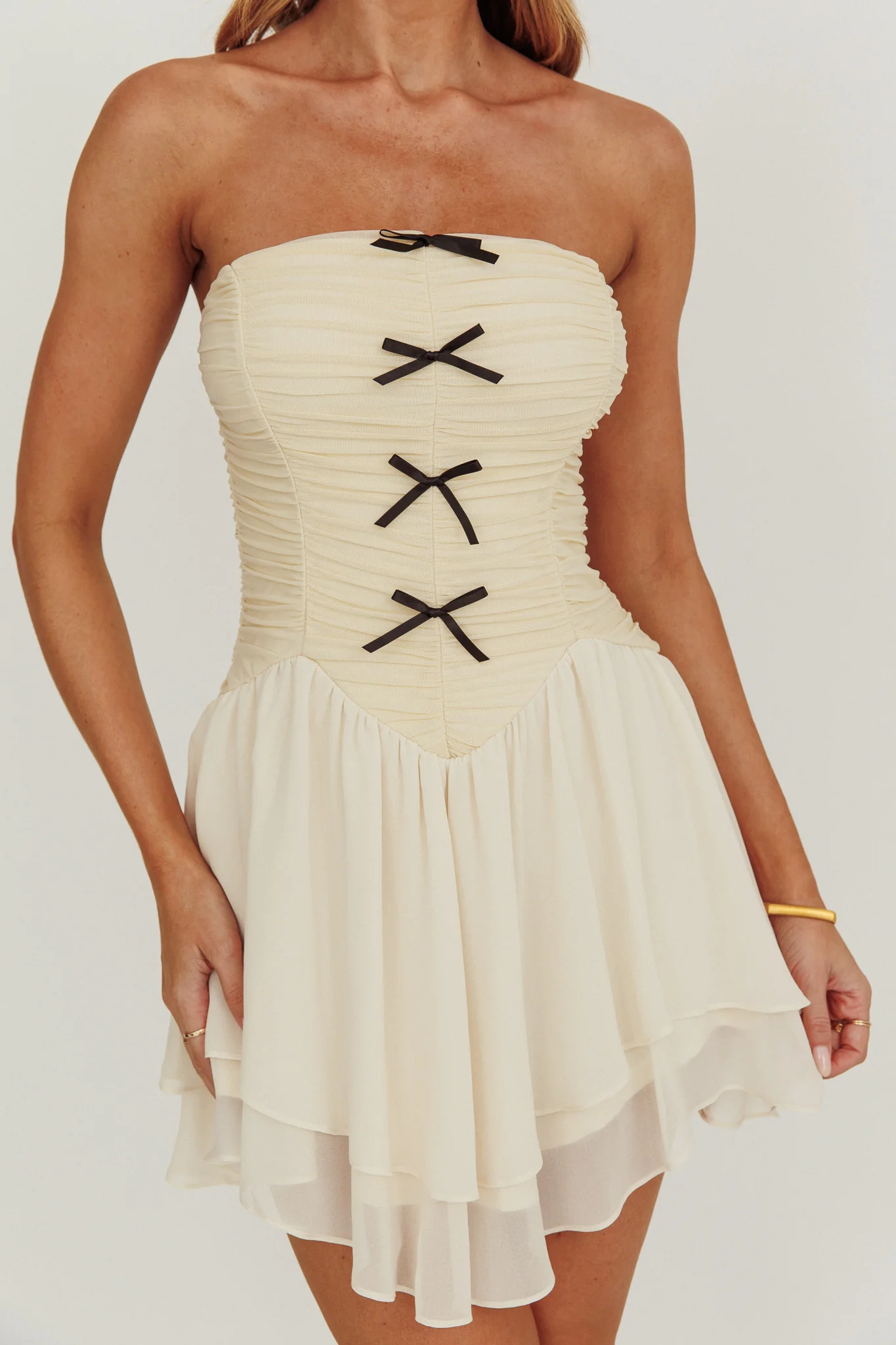 Cherry Lips Strapless Chiffon Mini Dress Cream