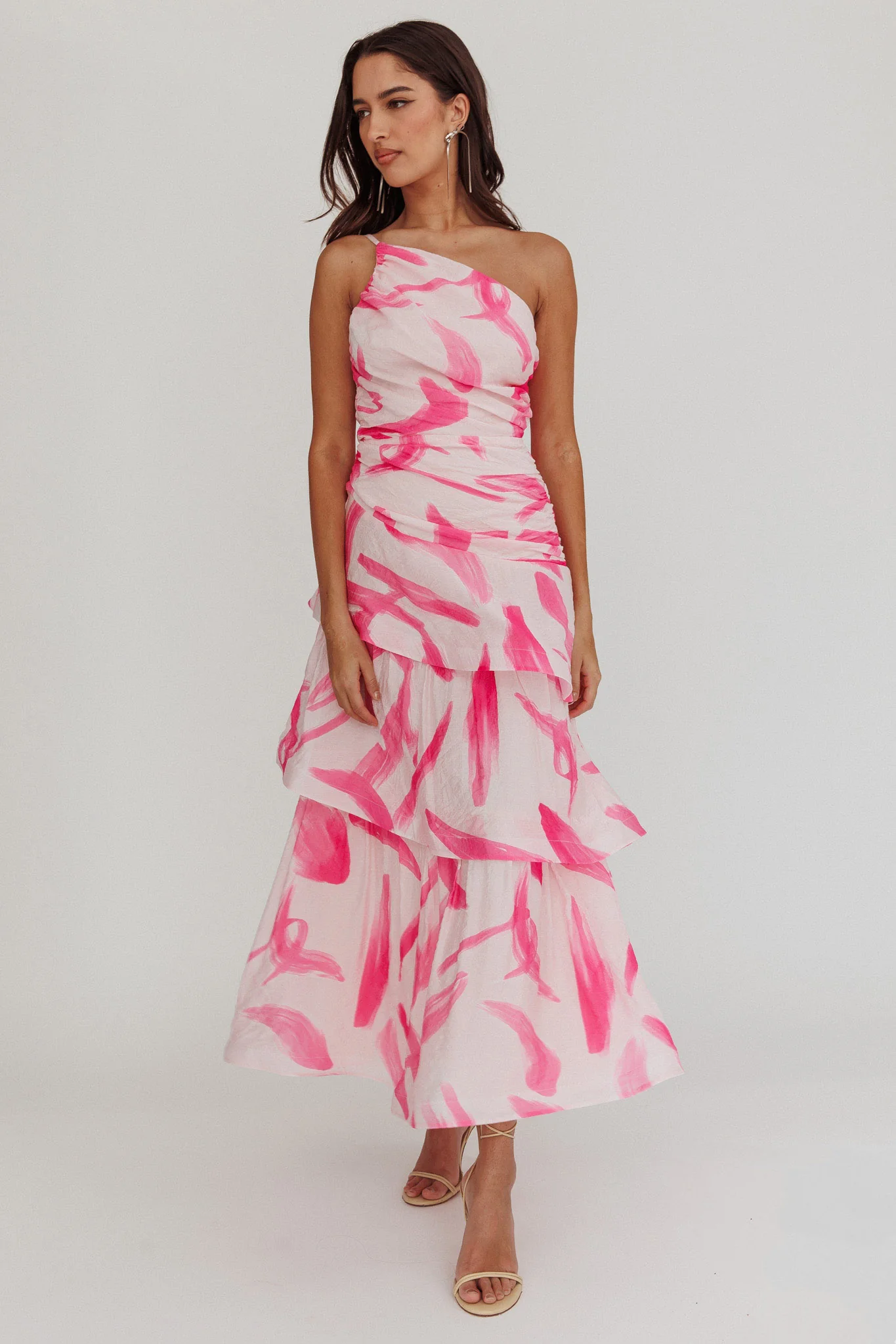 Kenny One Shoulder Tiered Maxi Dress Print Pink