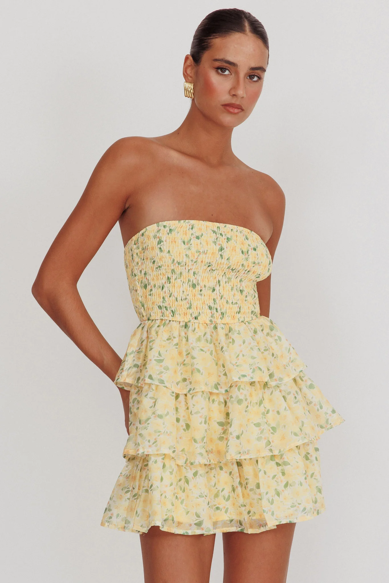 Like Angels Shirred Bodice Ruffle Mini Dress Yellow