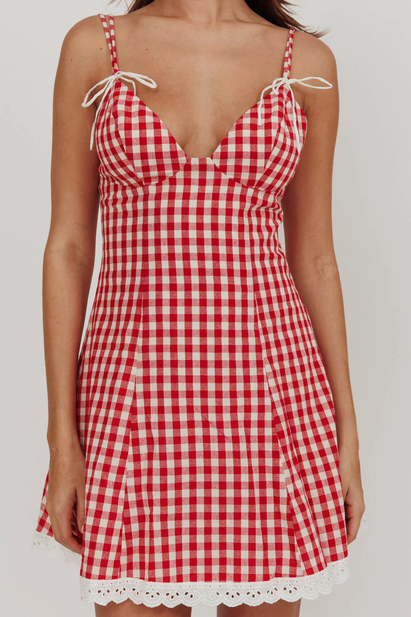 Noelle Lace Trim Mini Dress Gingham Red