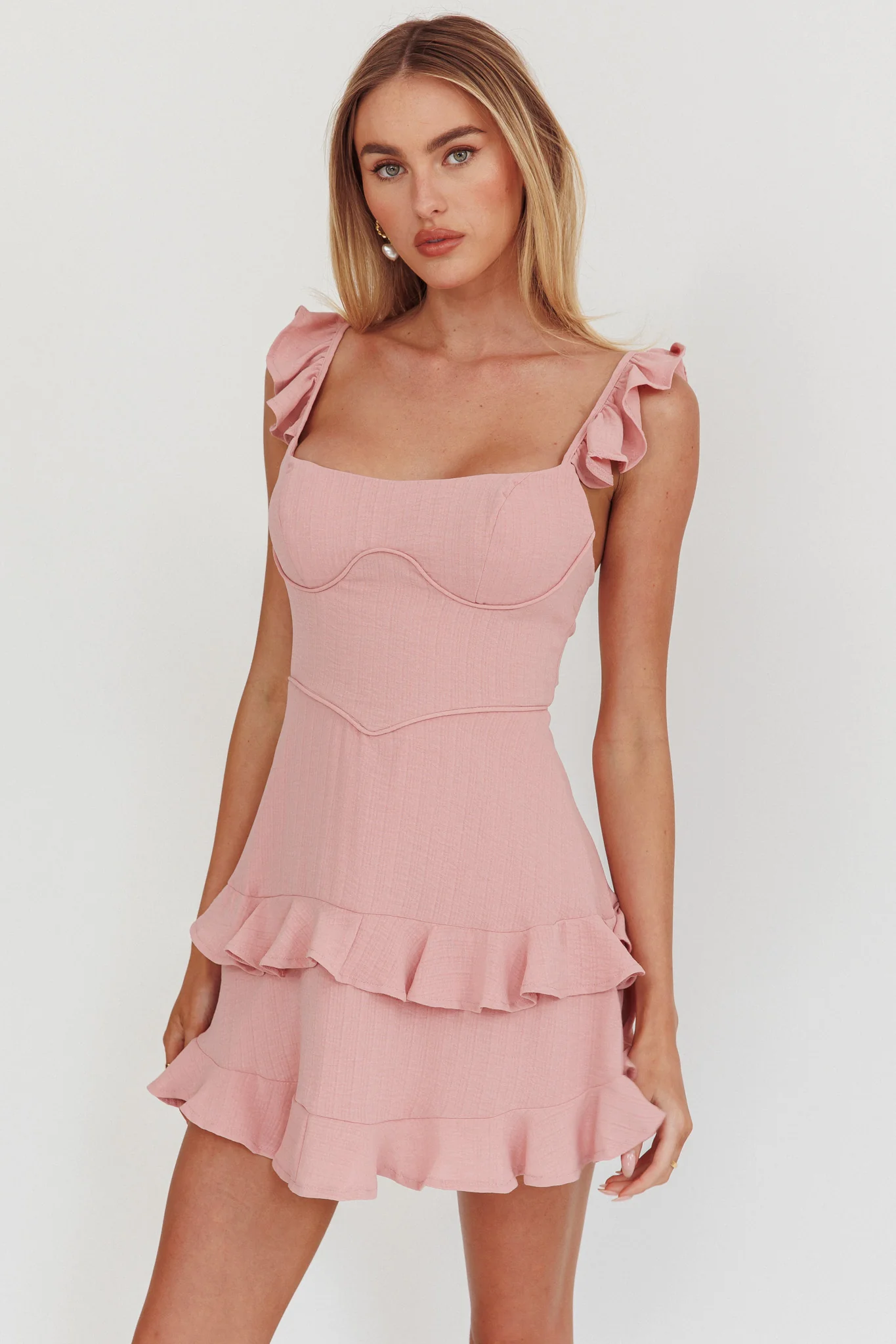 Moonlit Moment Ruffle Trim Piping Detail Lace-Up Back Dress Dusty Rose
