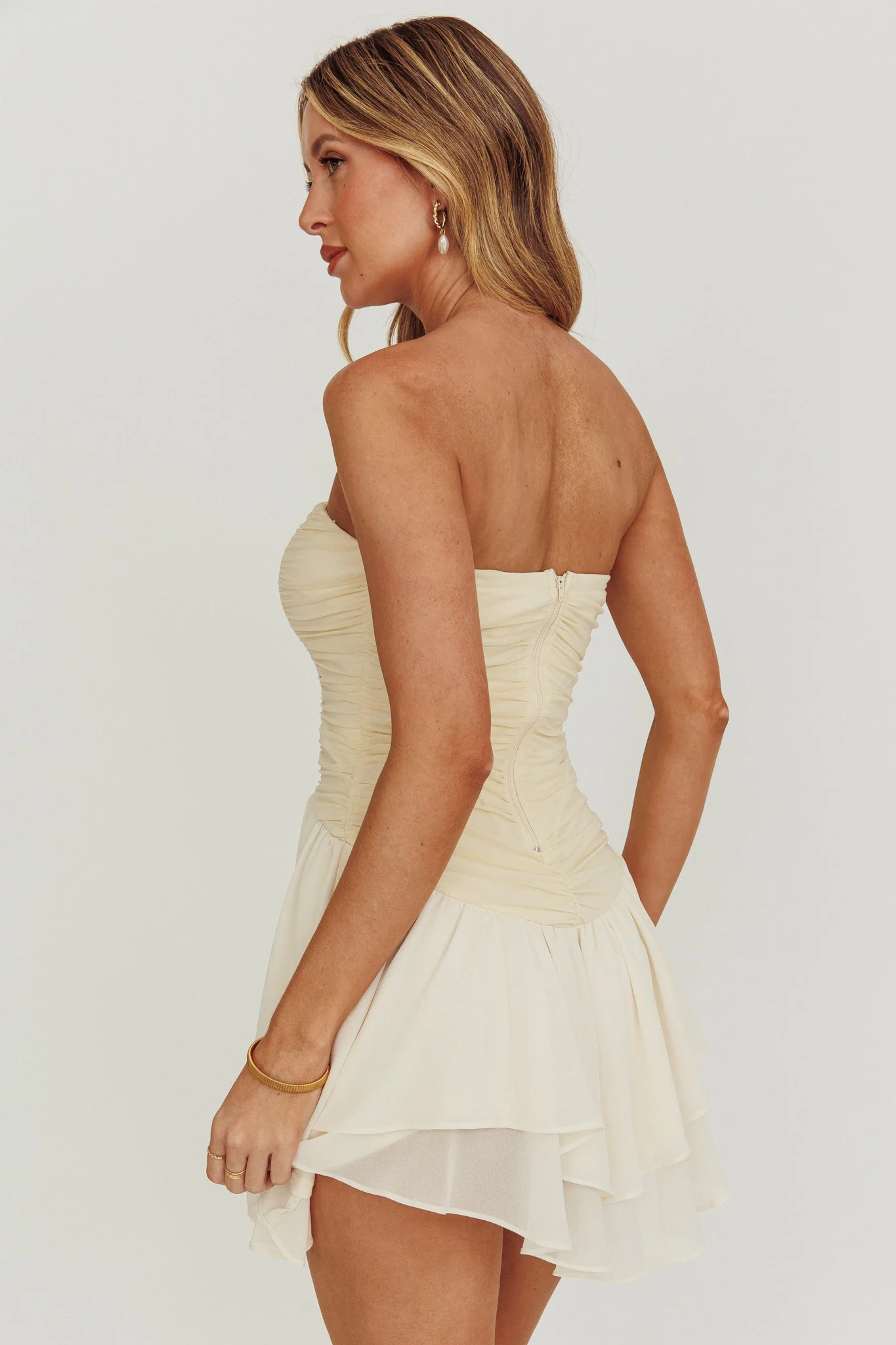 Cherry Lips Strapless Chiffon Mini Dress Cream