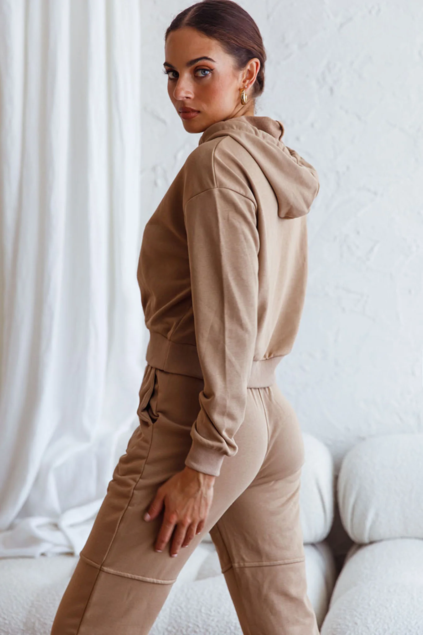 Glow Getter Drawstring Hood Embroidery Logo Hoodie Beige