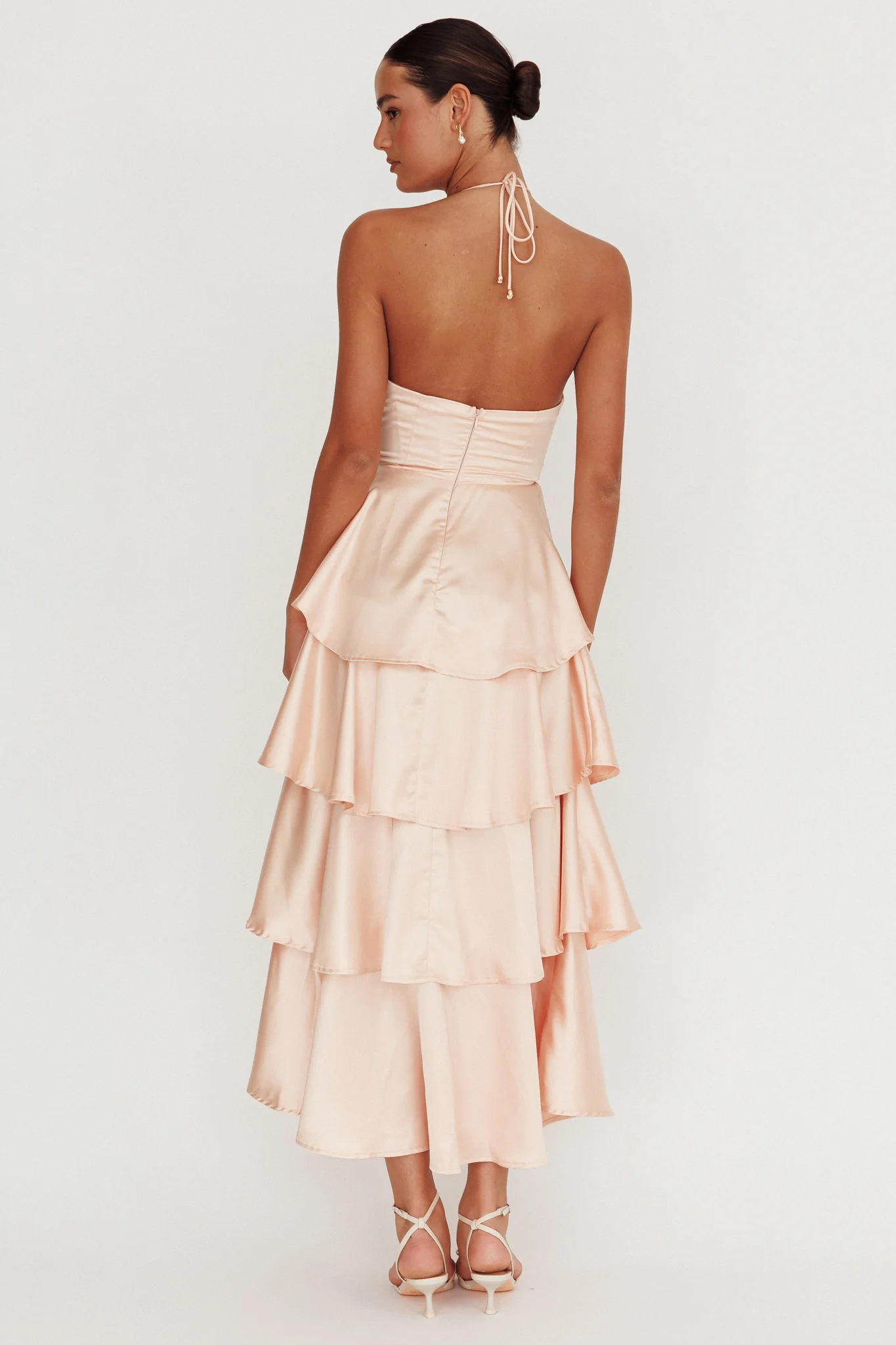 Catalina Tiered Ruffle Rosette Maxi Dress Peach