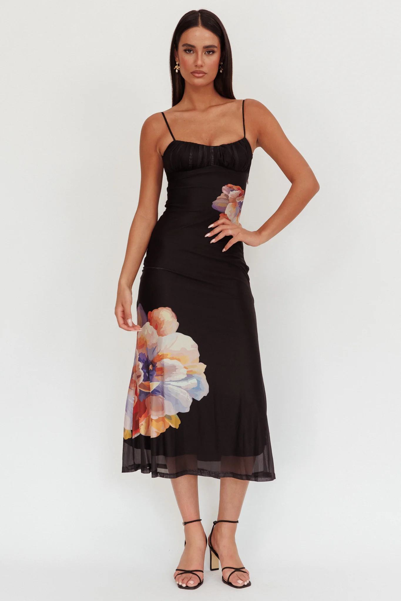 Nerida Gathered Bust Maxi Dress Flowers Black