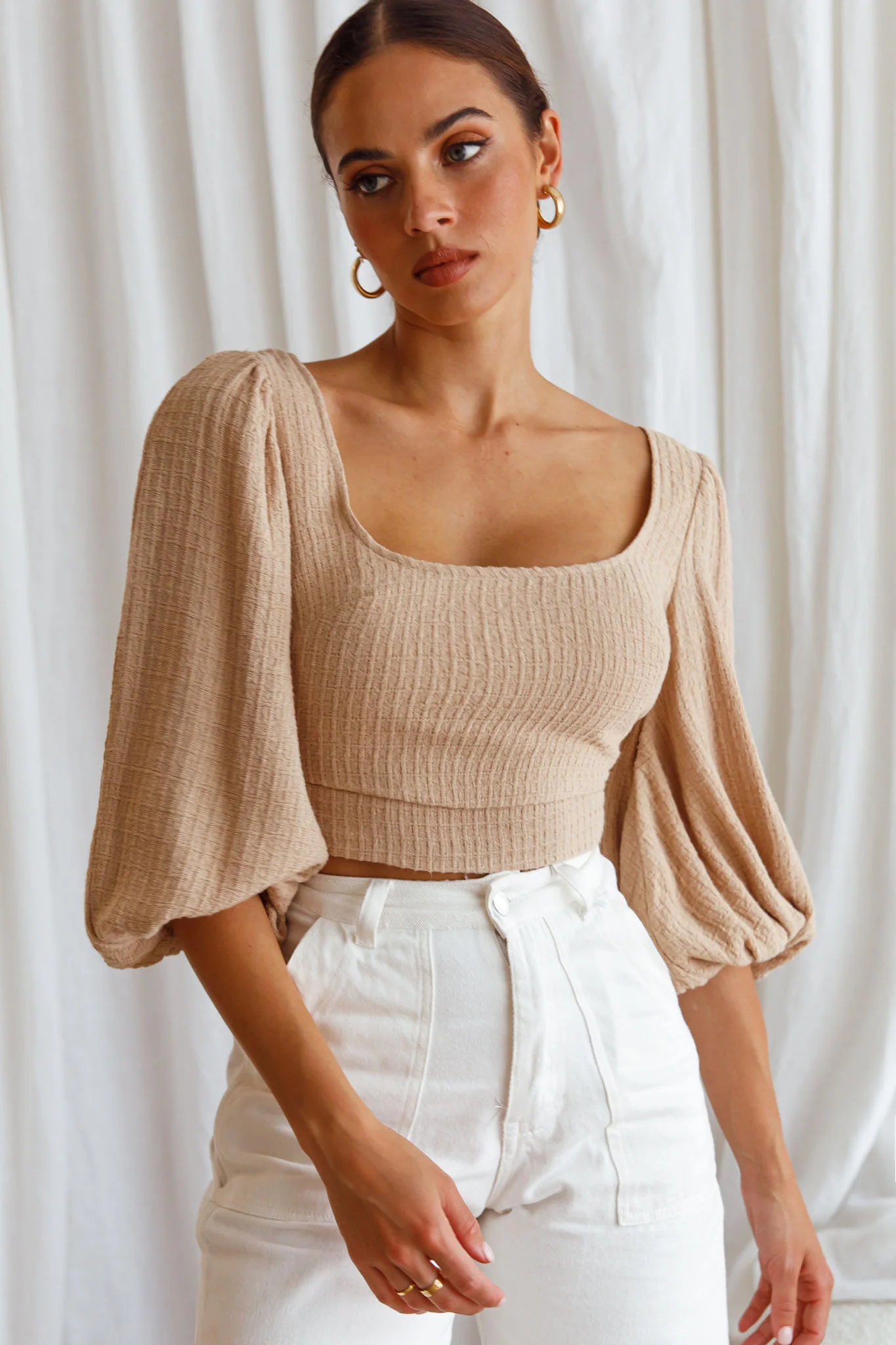 Love Like This Balloon Sleeve Open Back Crop Top Textured Beige