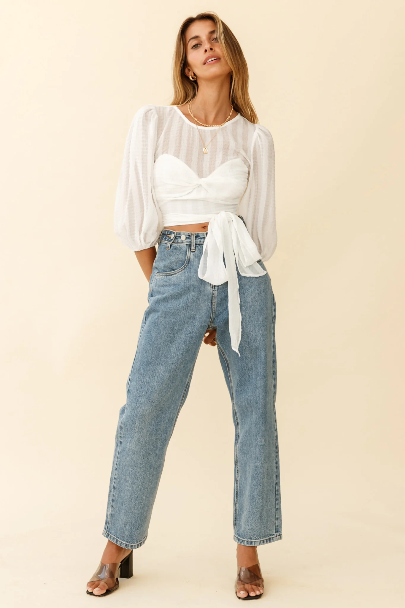 Emerson Puff Sleeve Waist Tie Top White