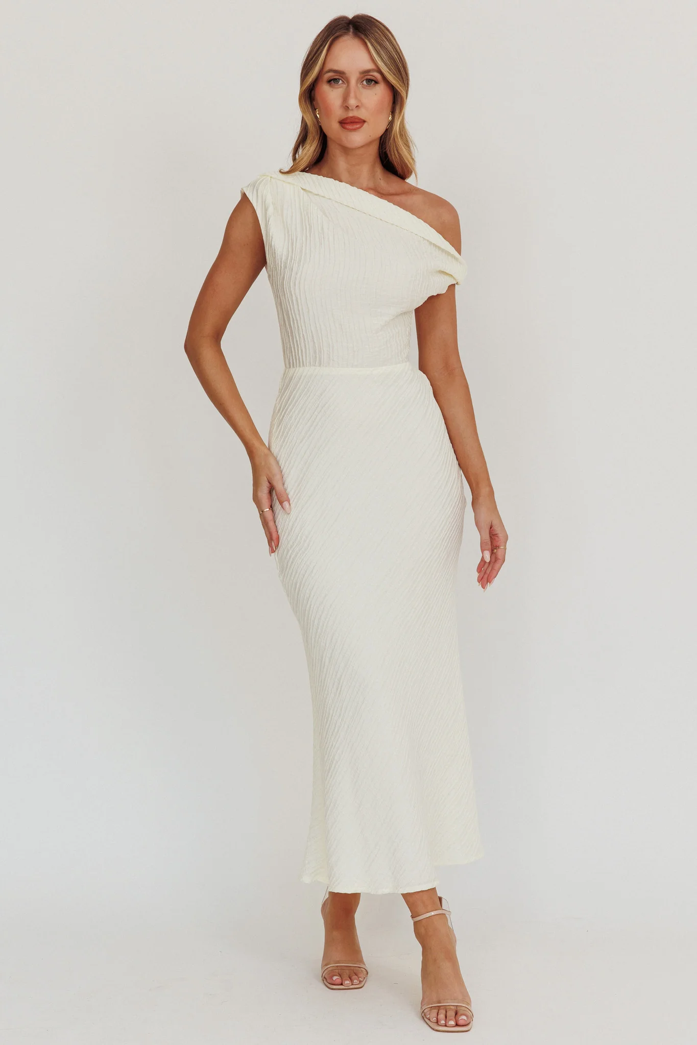 Play Date Off Shoulder Textured Midi Dress Cream