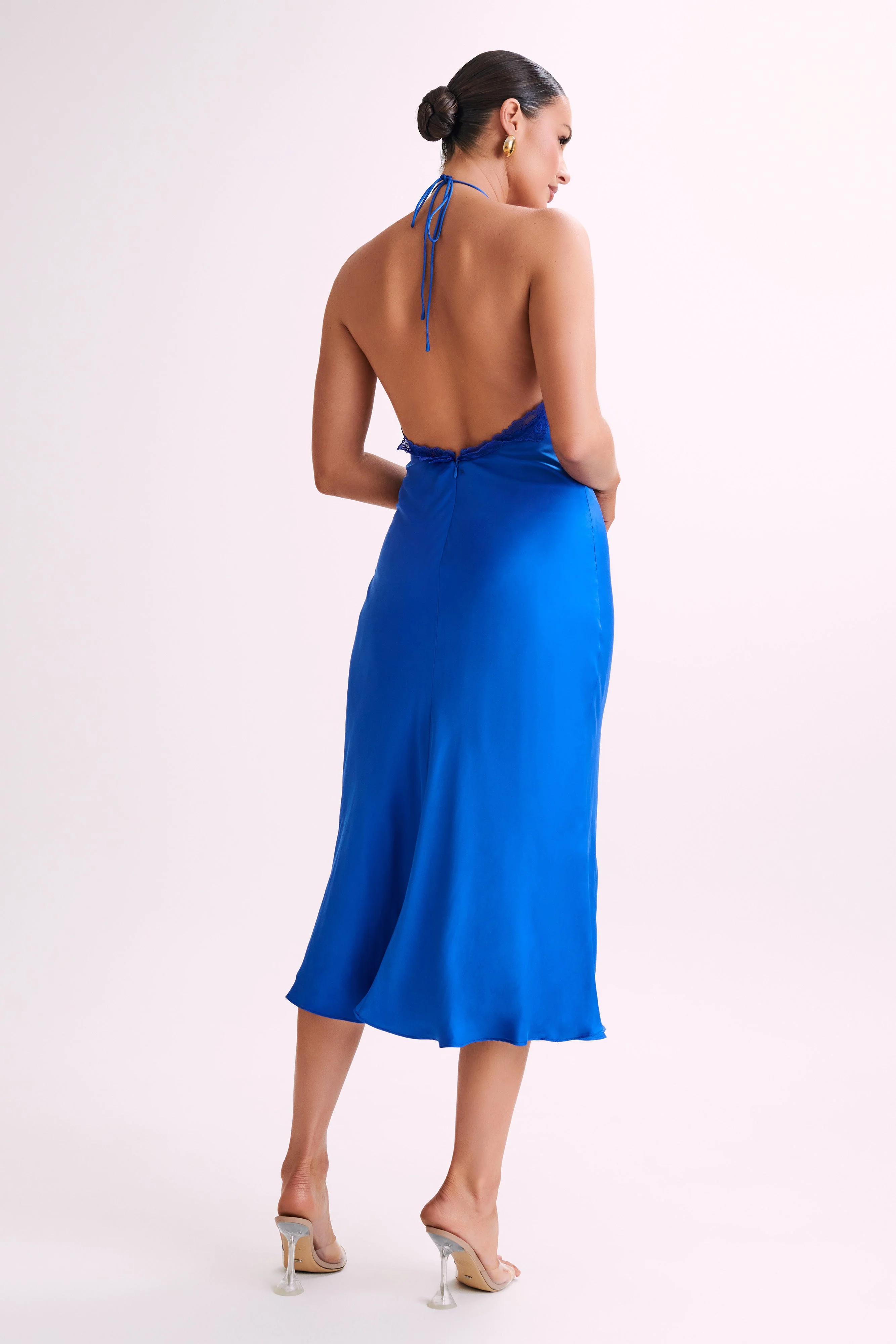 MESHKI Kaya Satin Midi Dress With Lace - Periwinkle