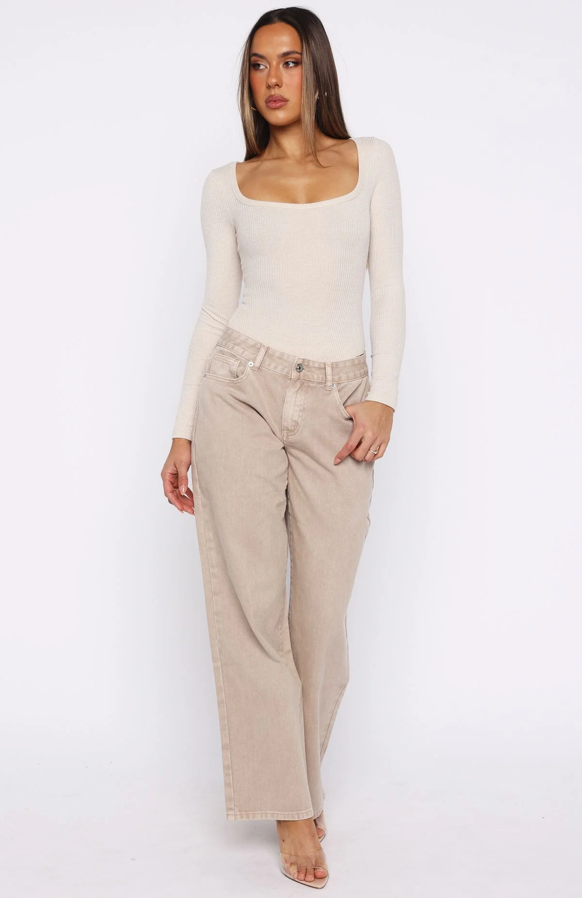 Bring The Style Low Rise Wide Leg Jeans Sesame Wash