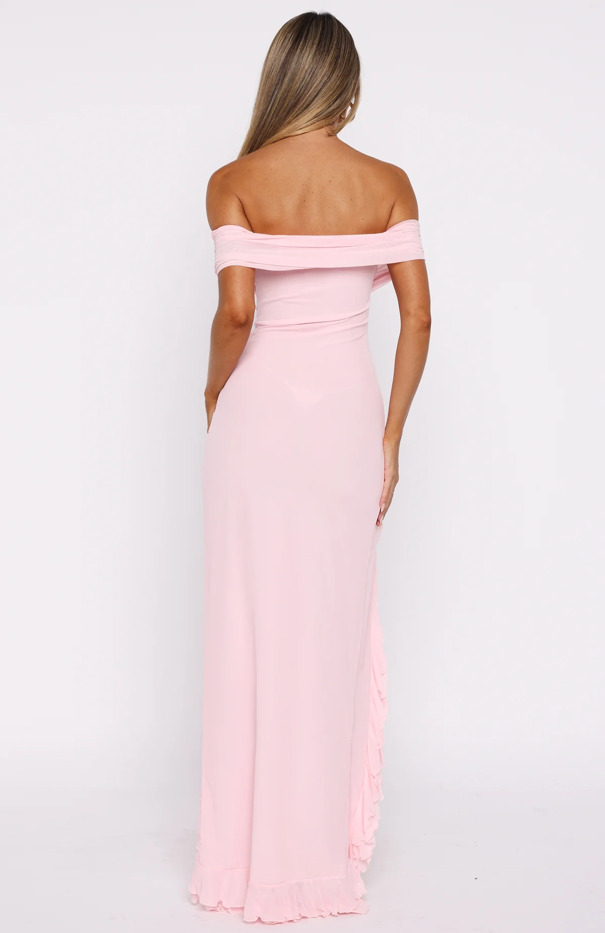 Icon In Motion Off Shoulder Maxi Dress Baby Pink