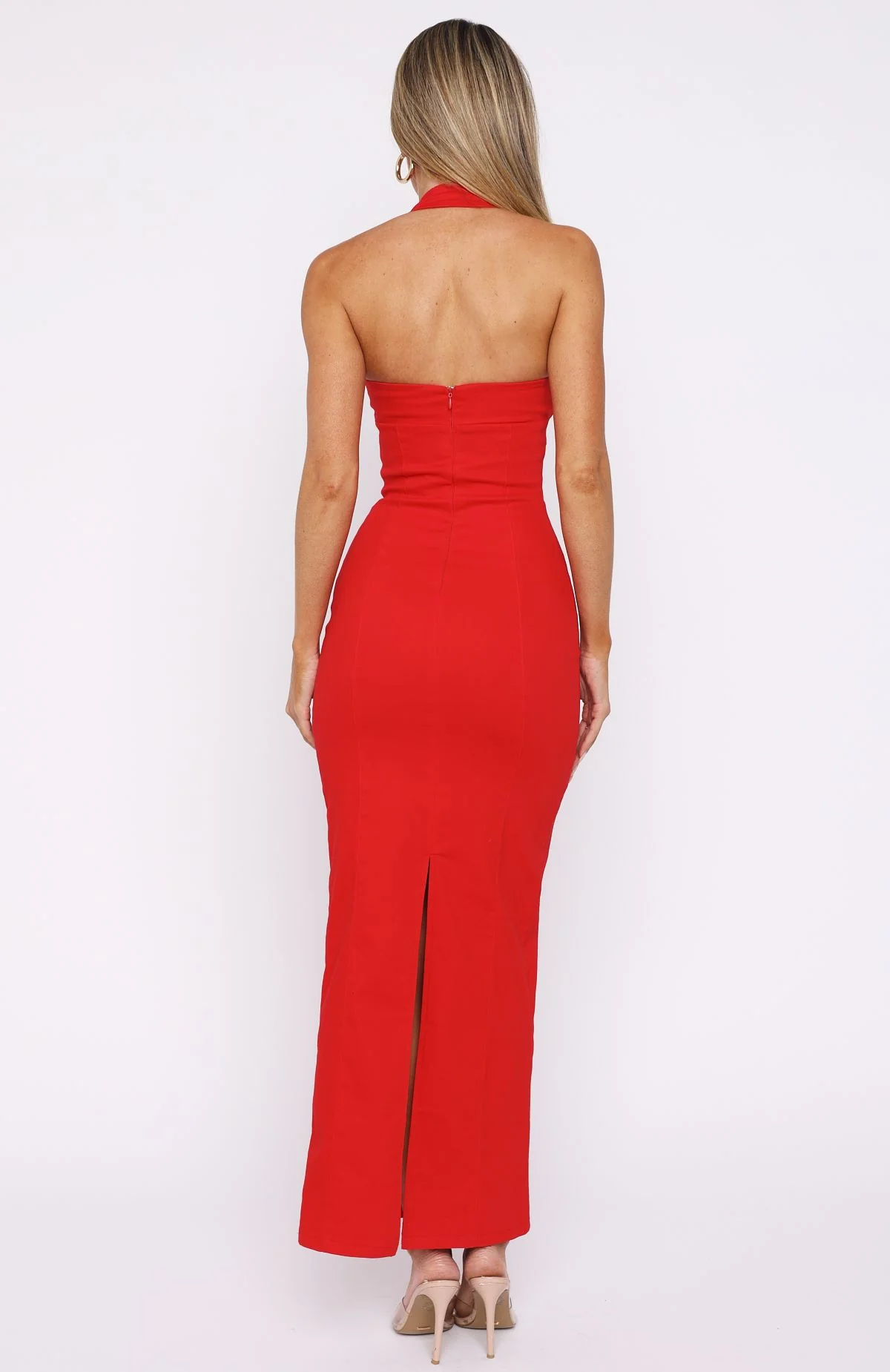 Champagne High Halter Maxi Dress Red