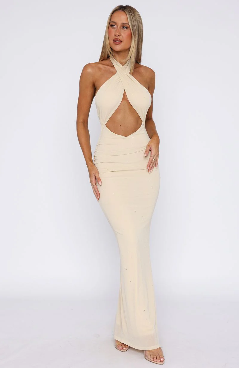 Set For Life Halter Maxi Dress Champagne
