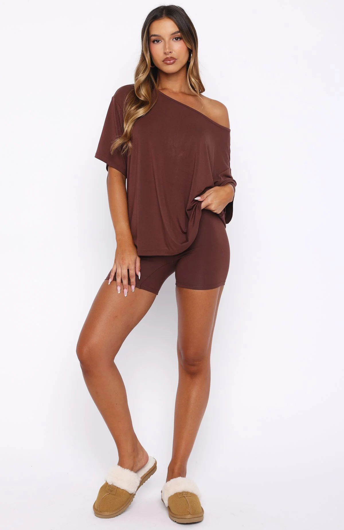 Slow Life Off Shoulder Oversized Pyjama Tee Chocolate