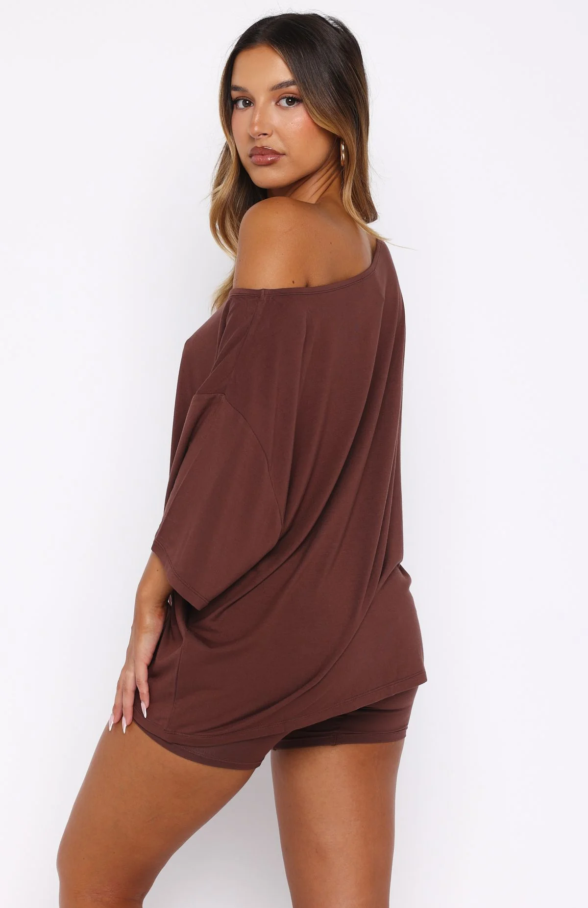 Slow Life Off Shoulder Oversized Pyjama Tee Chocolate