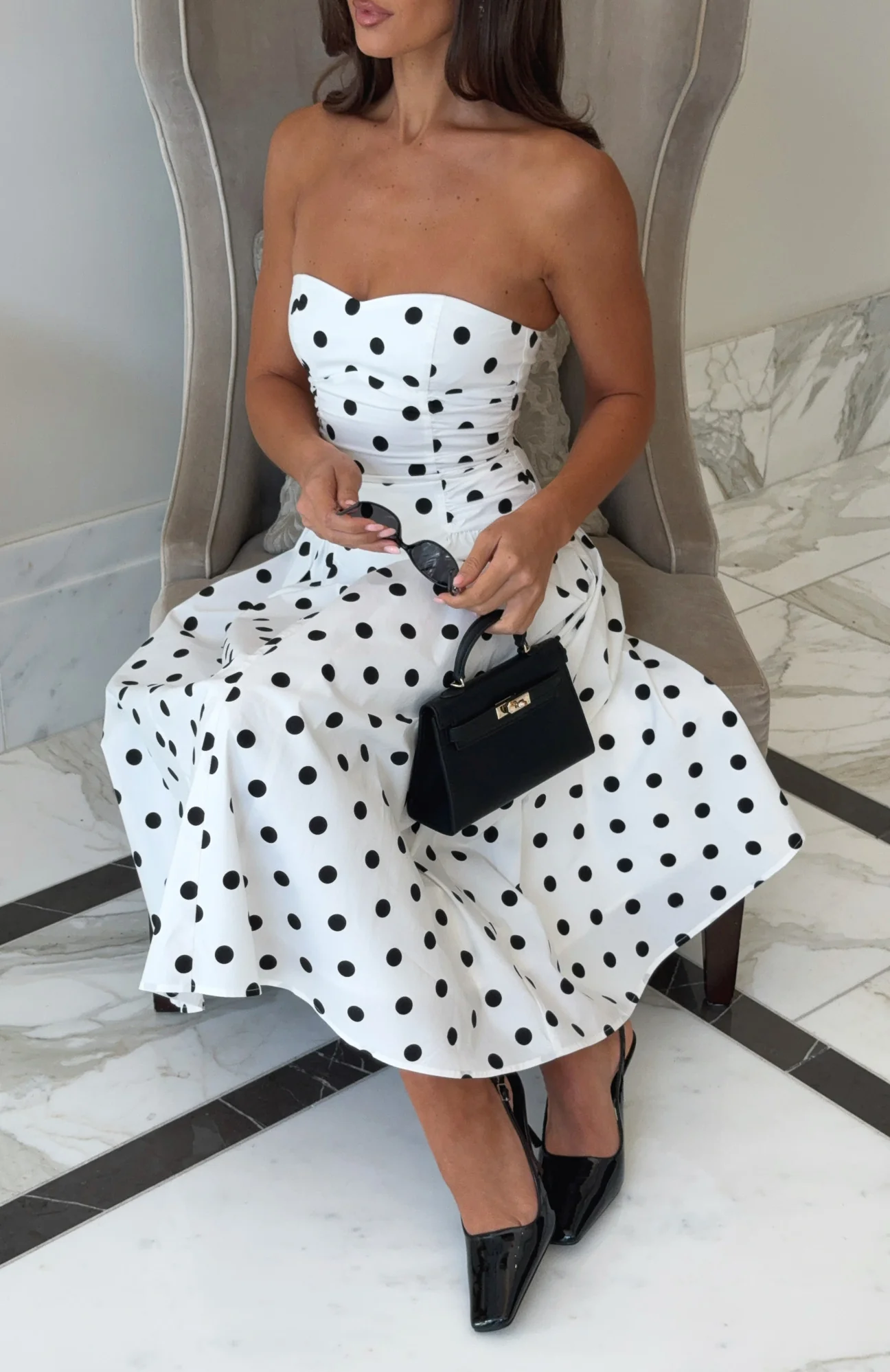 Rich In Love Strapless Midi Dress White/Black Polka Dot