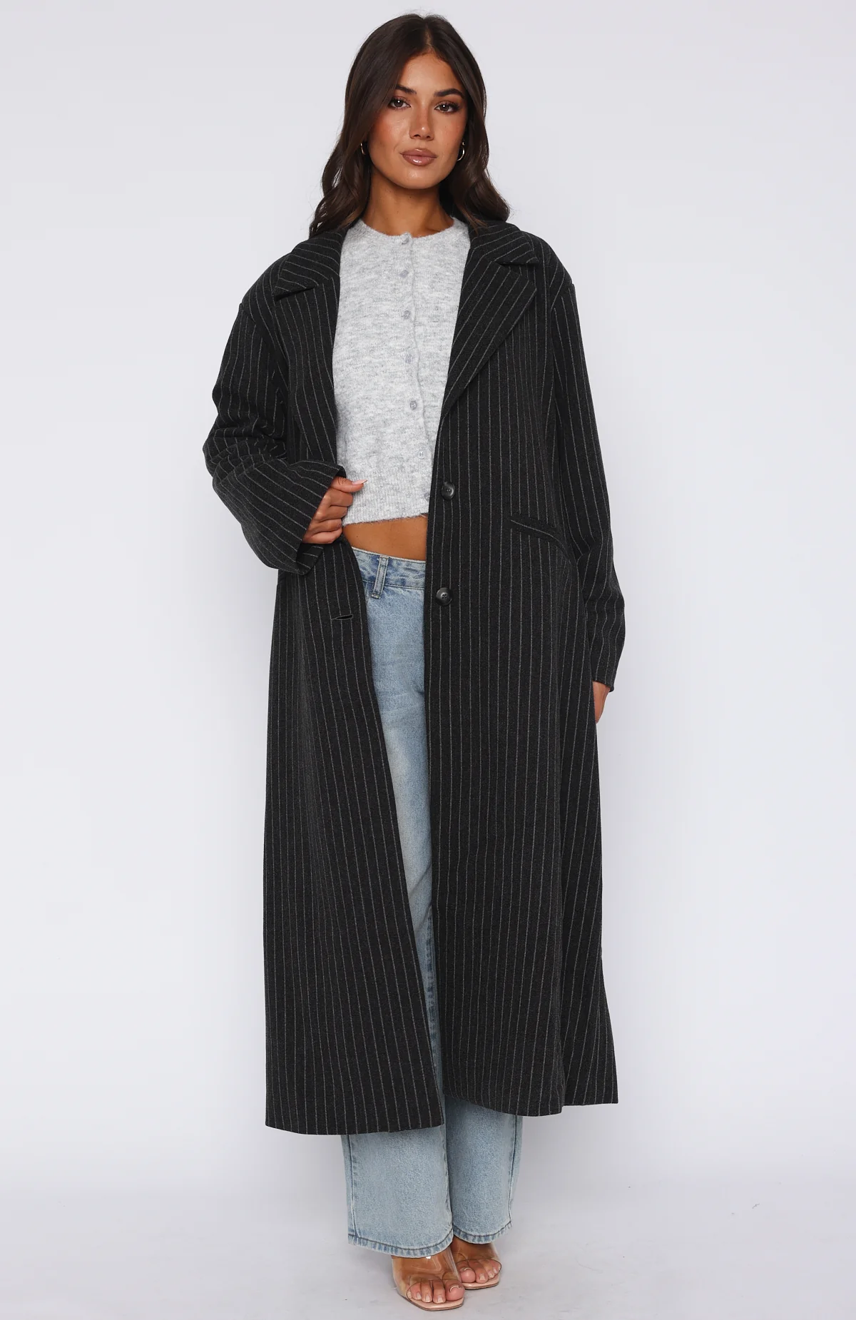 Walk By Me Oversized Coat Charcoal Pinstripe