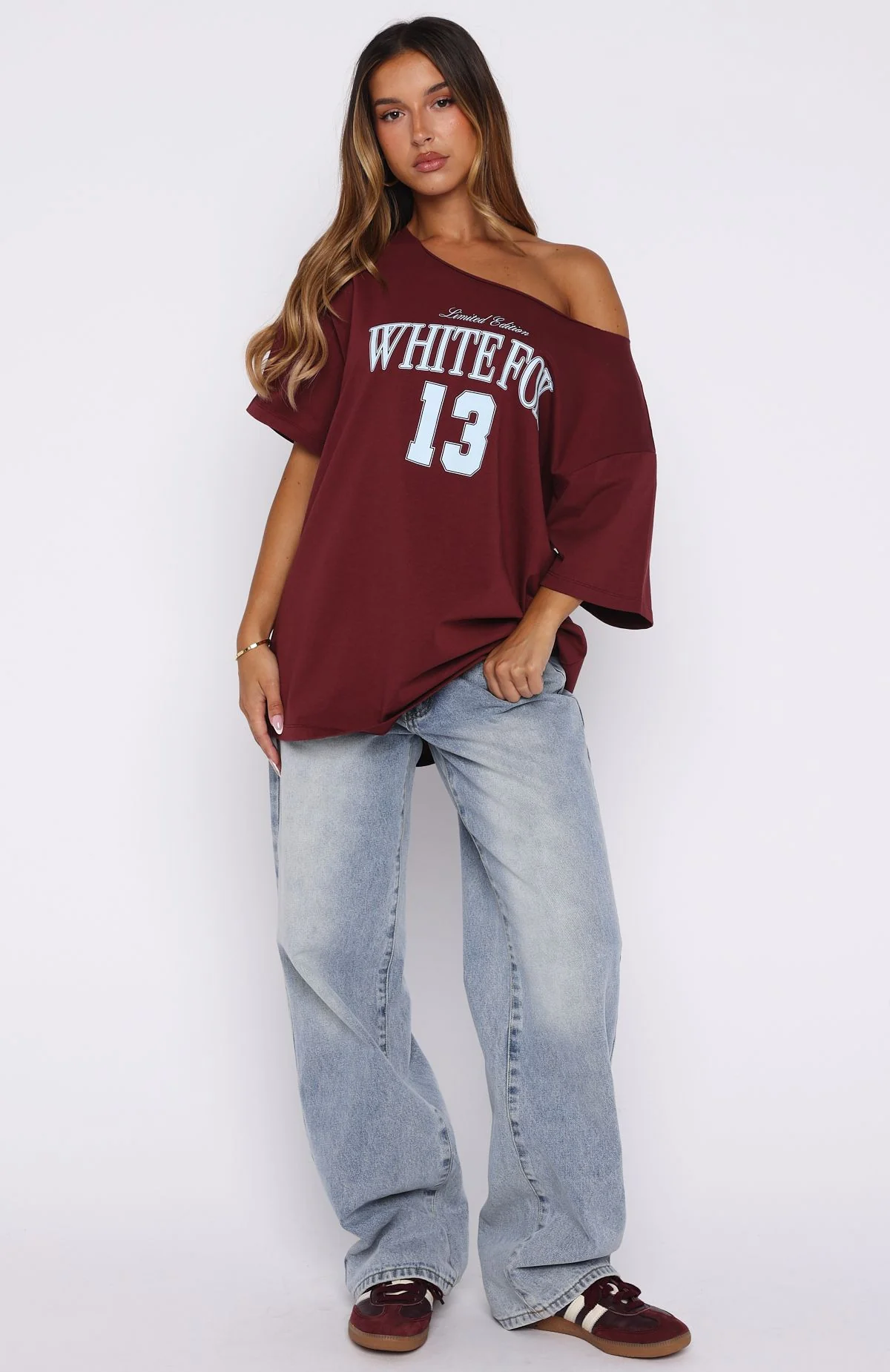 Everything In Time Off Shoulder Oversized Tee Burgundy