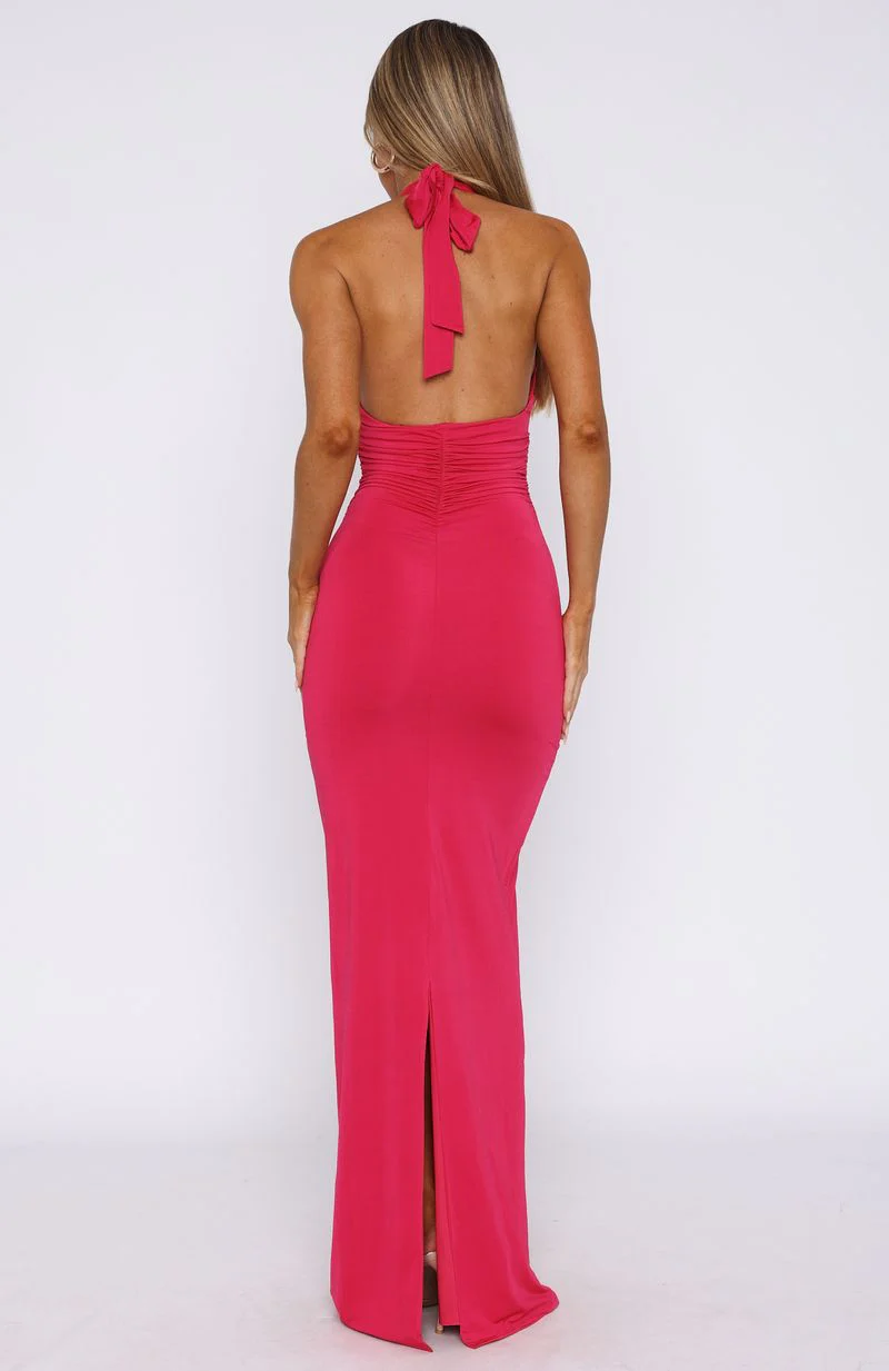 Waste A Moment Halter Maxi Dress Hot Pink