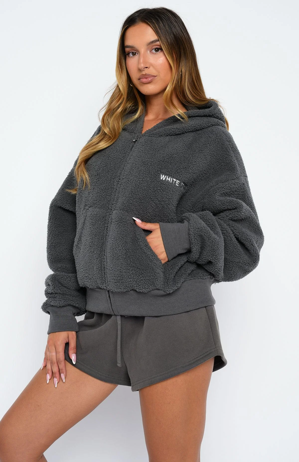 Always First Teddy Borg Boxy Zip Front Hoodie Charcoal