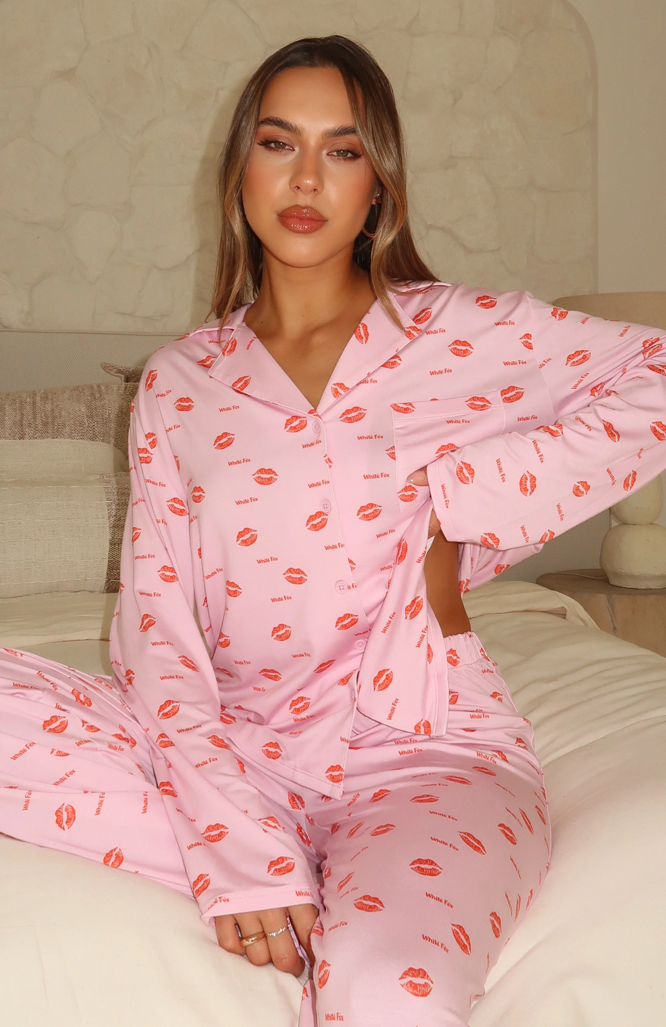 Pillow Talk Printed Long Sleeve Pyjama Set Strawberry Kisses