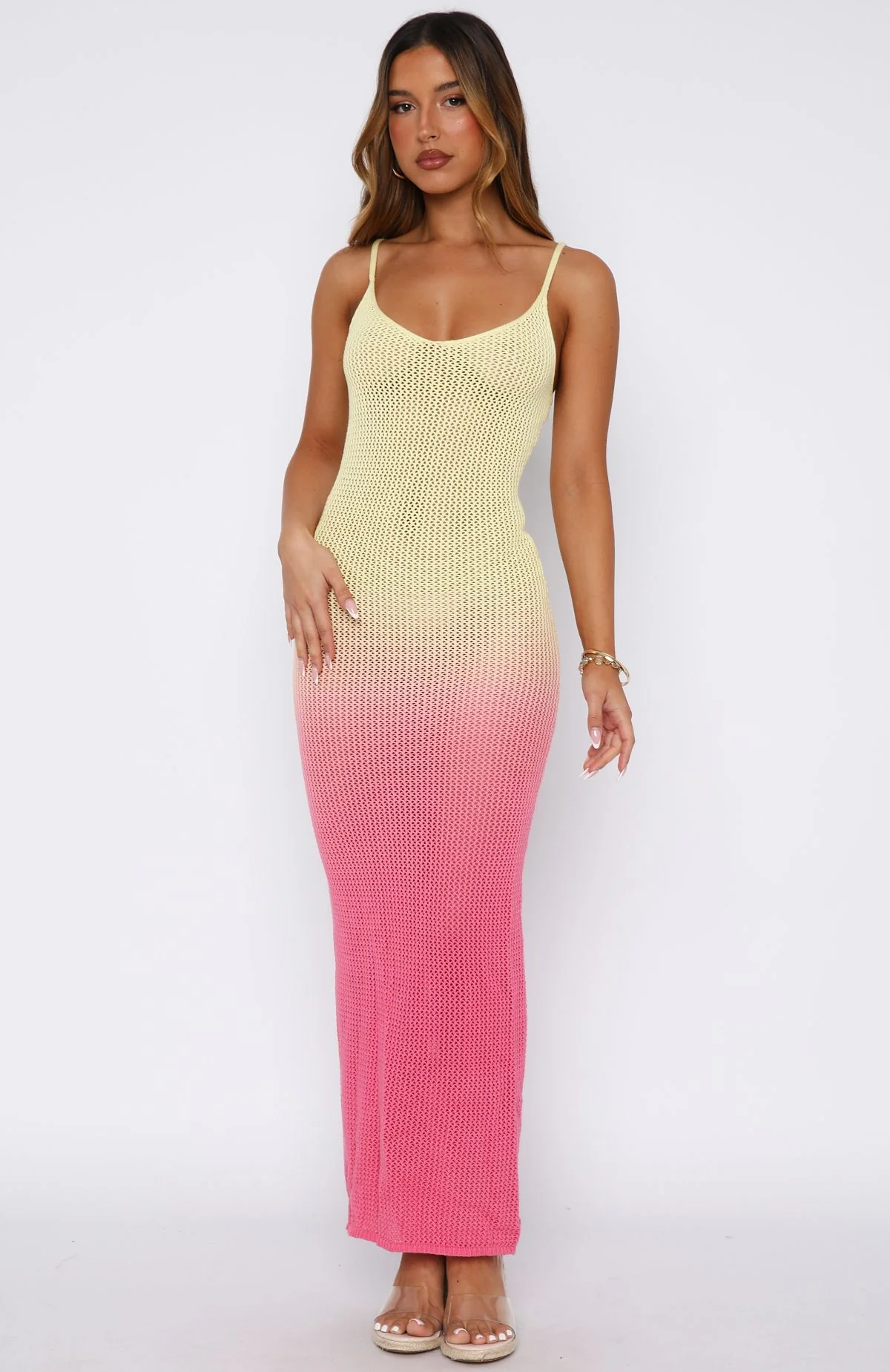 Sunshine Soul Crochet Maxi Dress Lemon/Pink Ombre