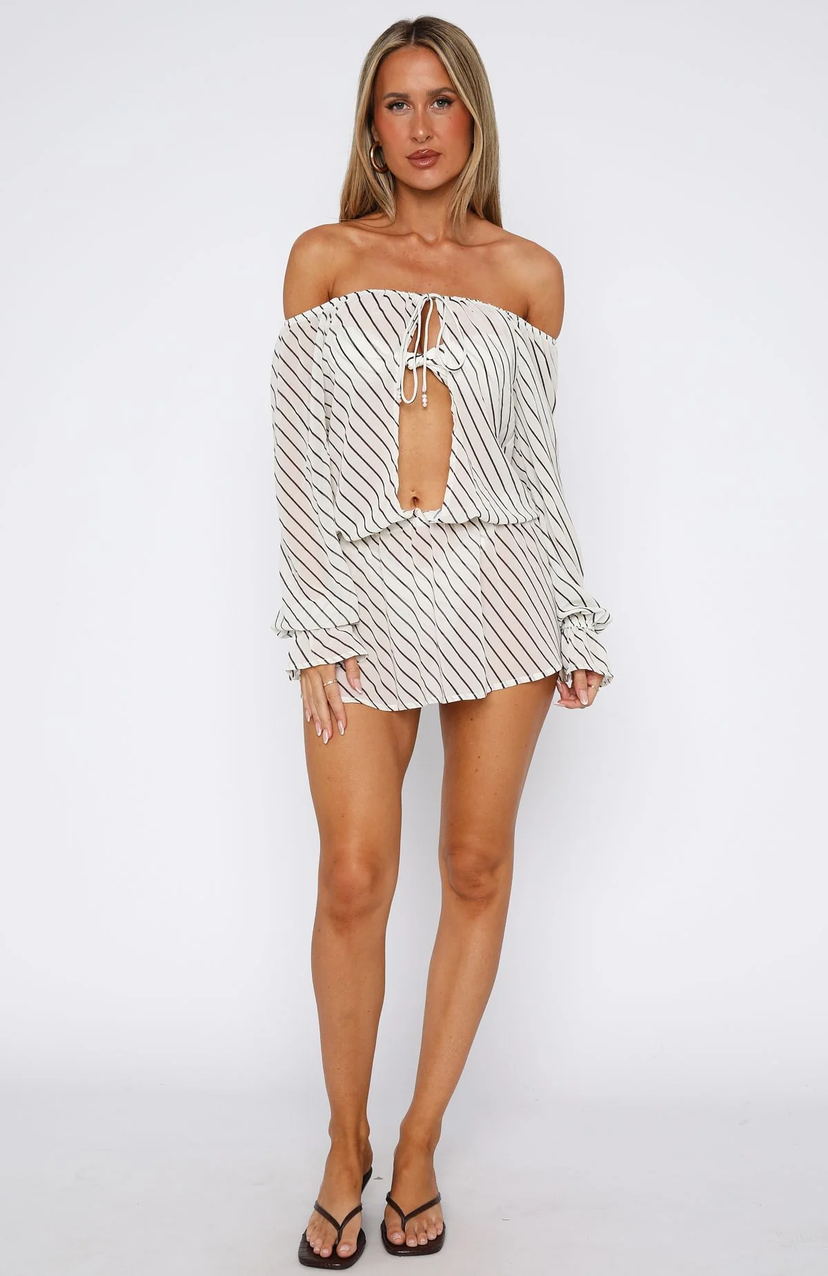 Back To Shore Long Sleeve Mini Dress Cream/Choc Stripe