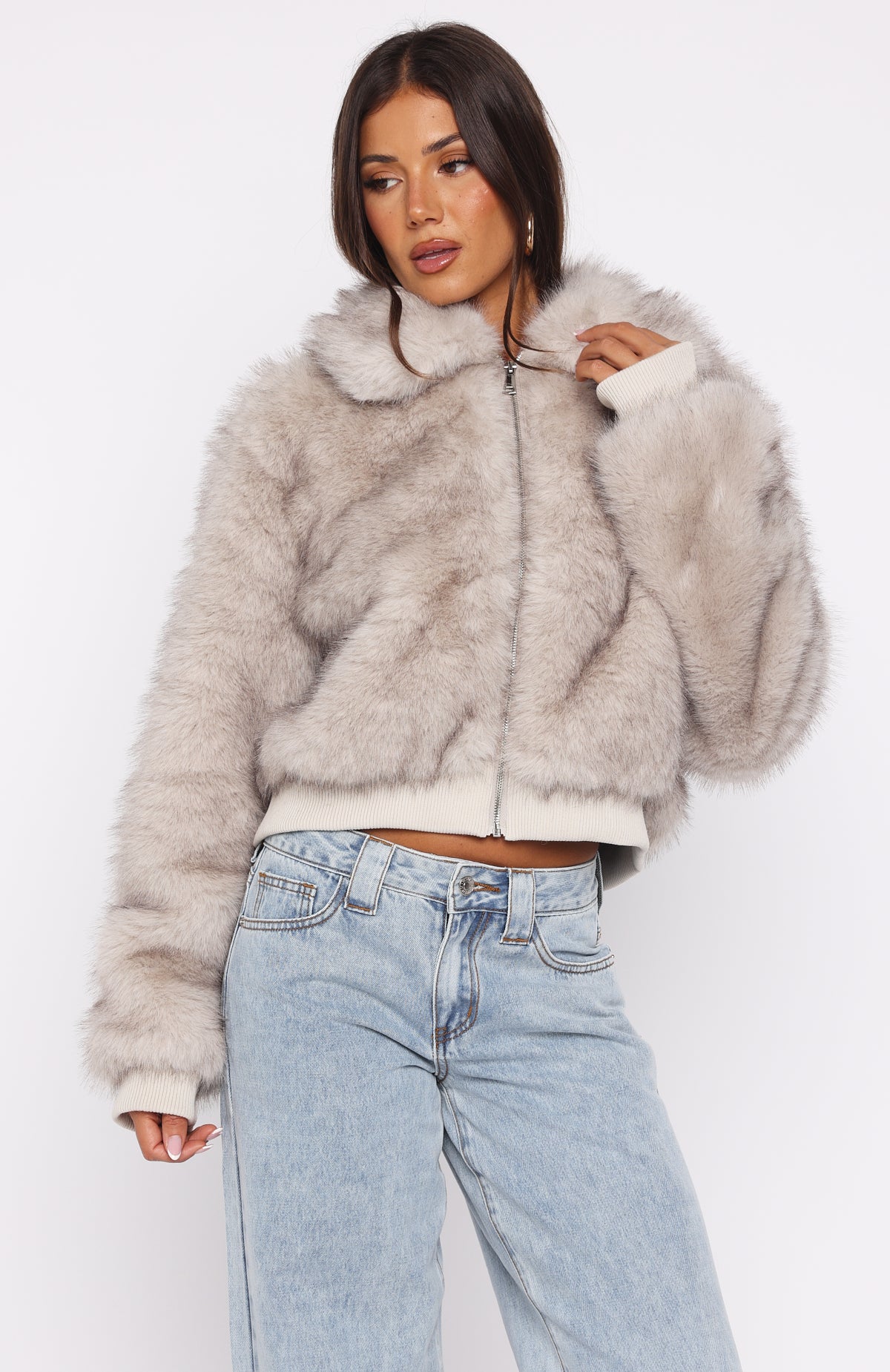 Glacial Chic Fur Bomber Jacket Smokey Taupe