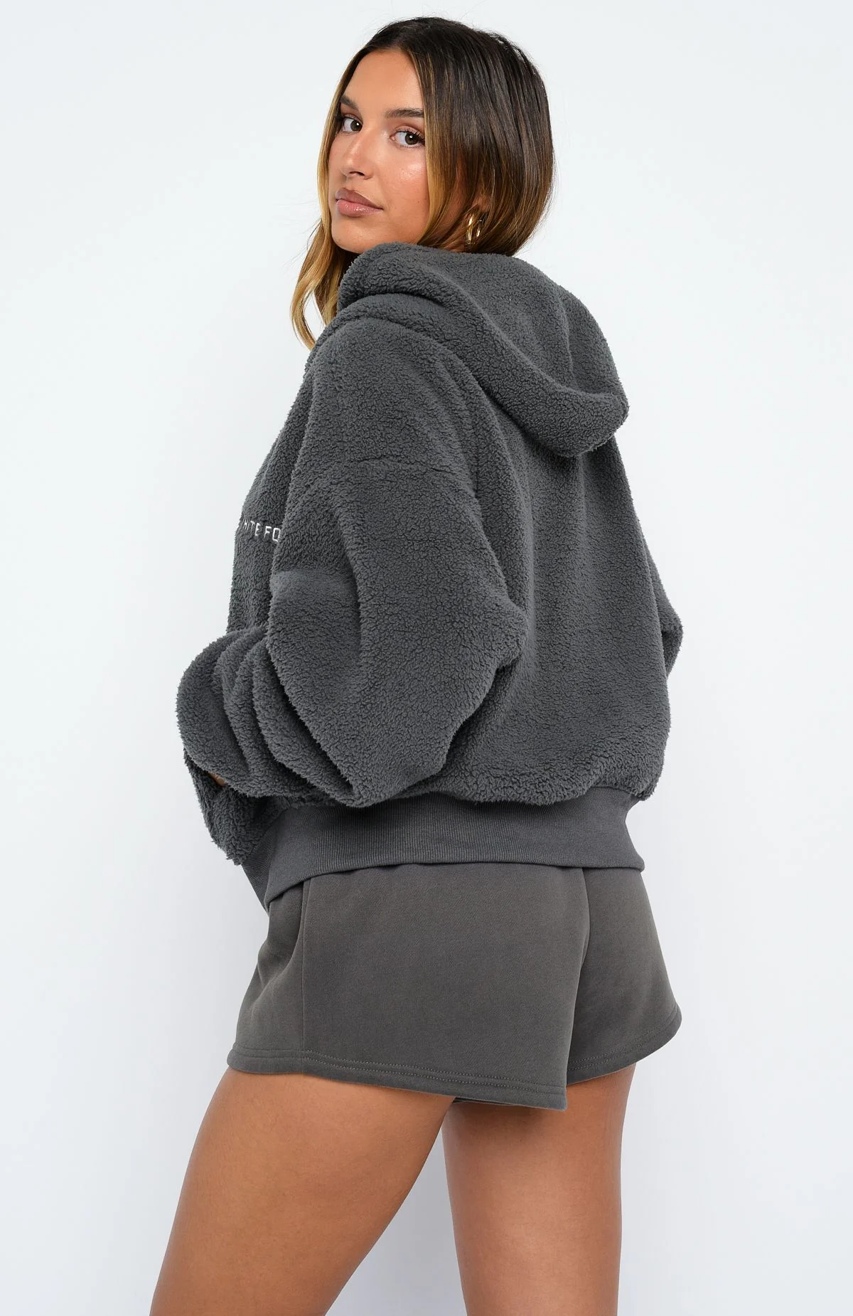 Always First Teddy Borg Boxy Zip Front Hoodie Charcoal