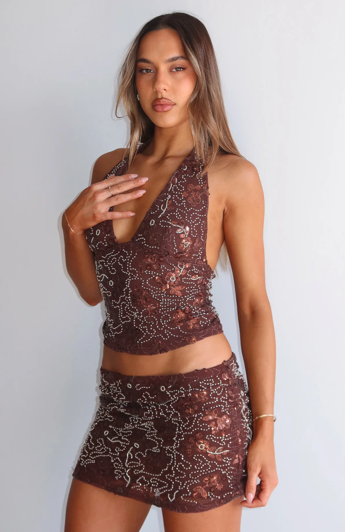 Capri Cove Beaded Mini Skirt Chocolate