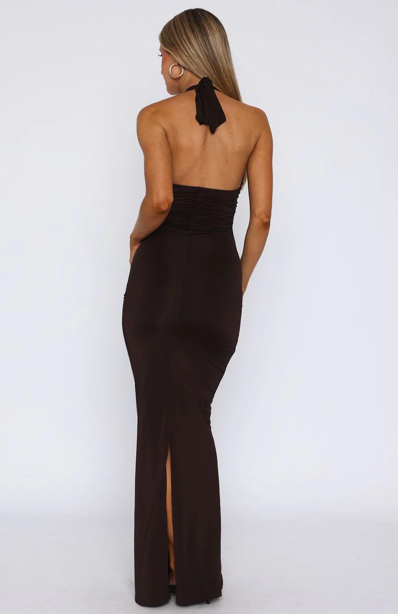 Waste A Moment Halter Maxi Dress Chocolate