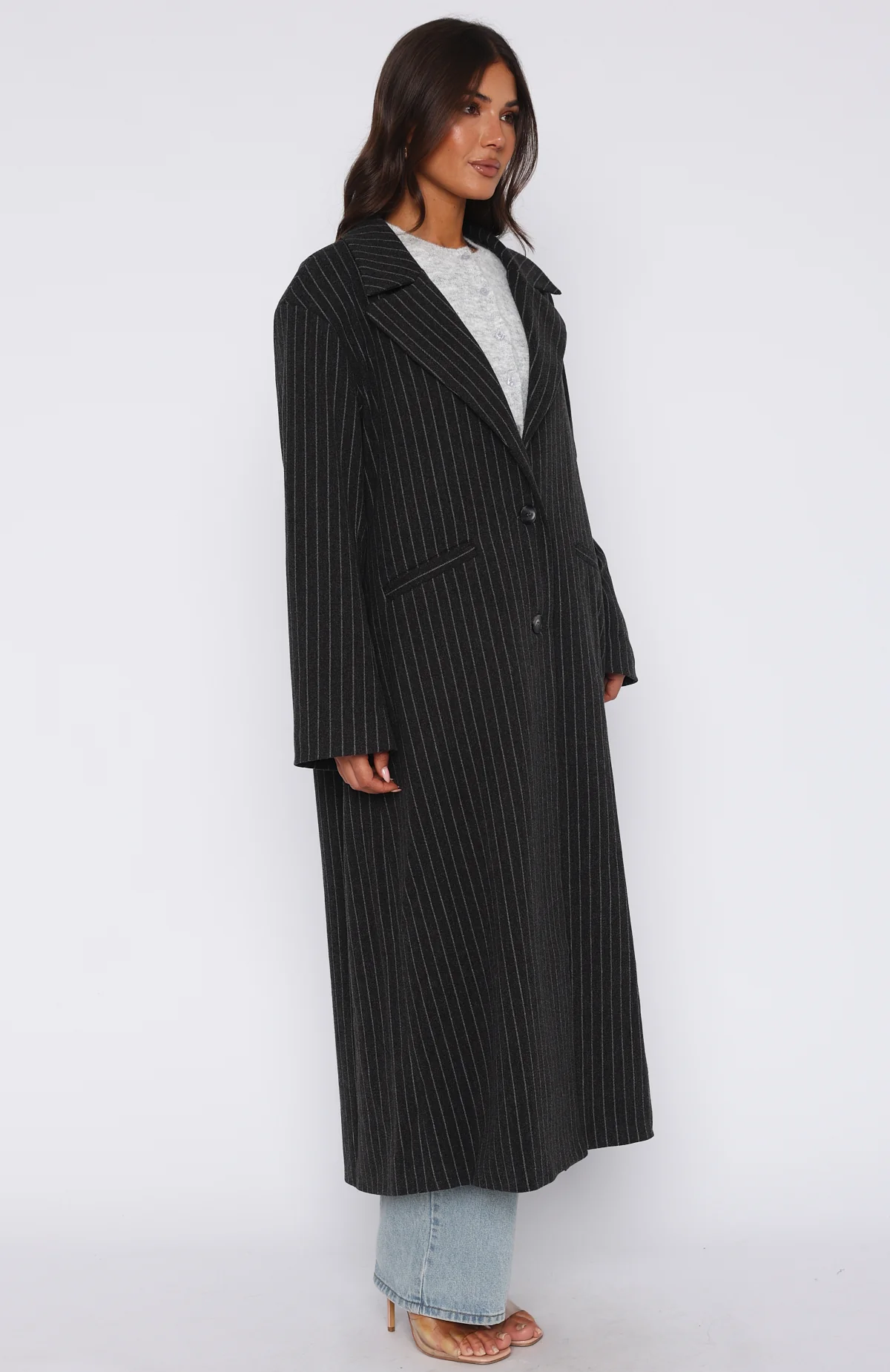 Walk By Me Oversized Coat Charcoal Pinstripe