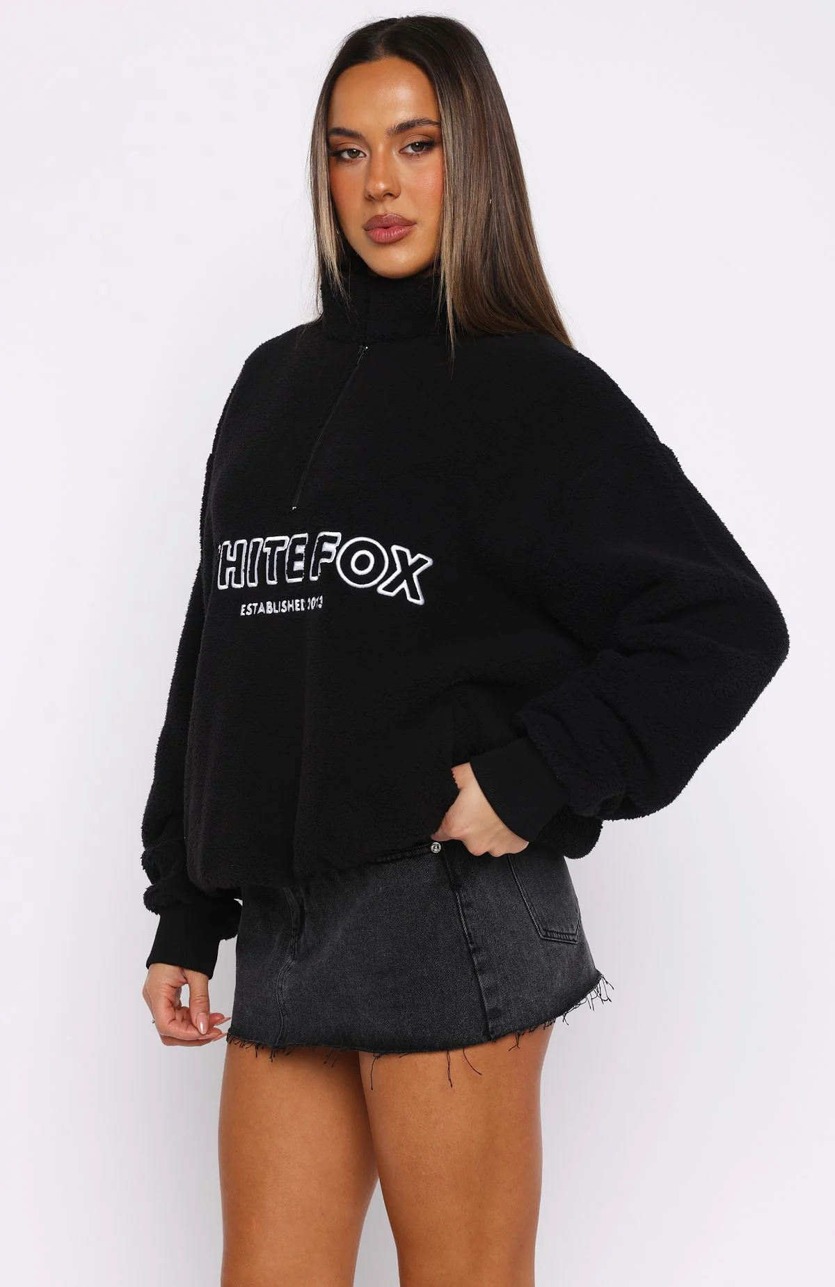 Hard To Stay Focused Teddy Borg Zip Front Sweater Black