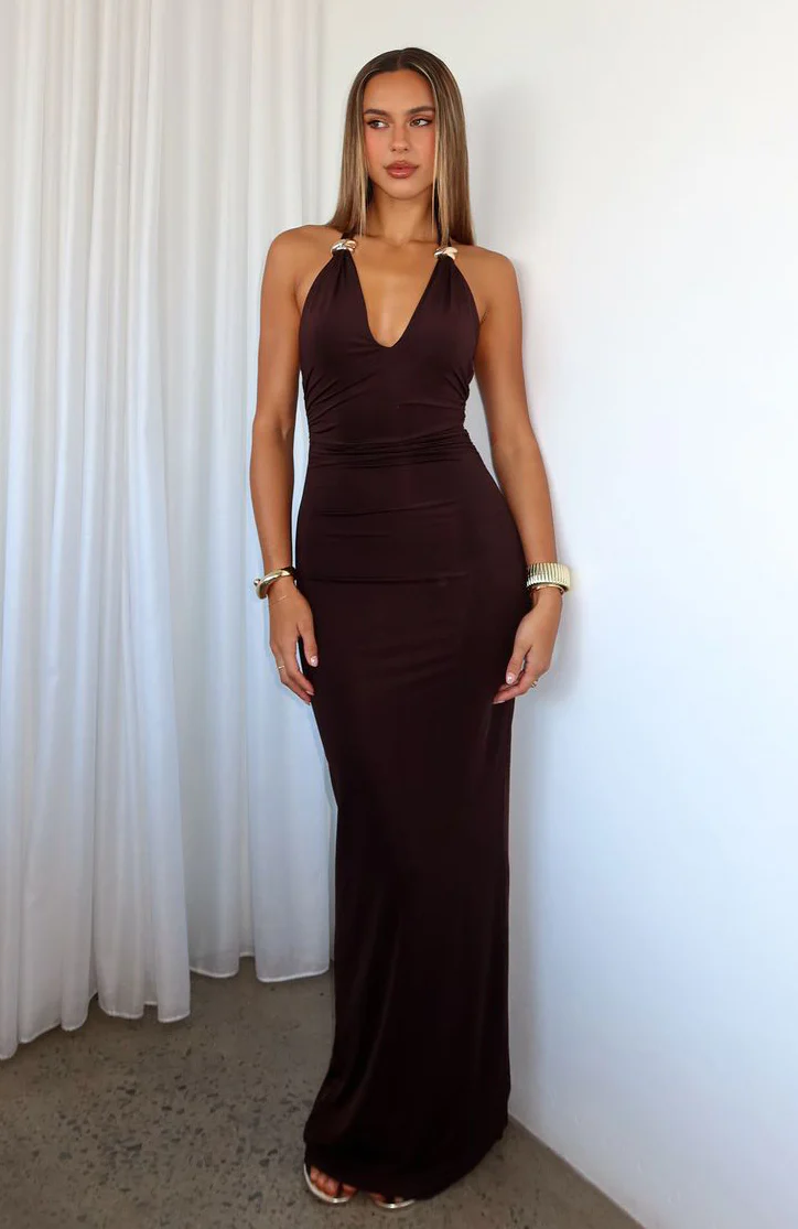 Waste A Moment Halter Maxi Dress Chocolate