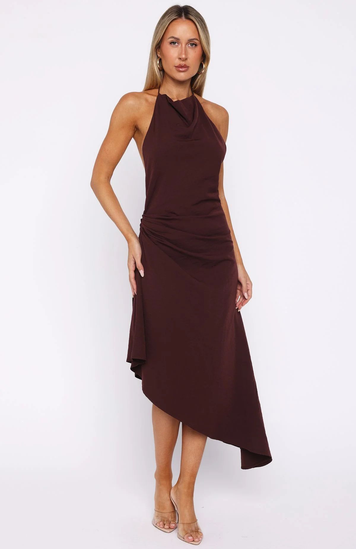 Night Hustle Halter Midi Dress Burgundy