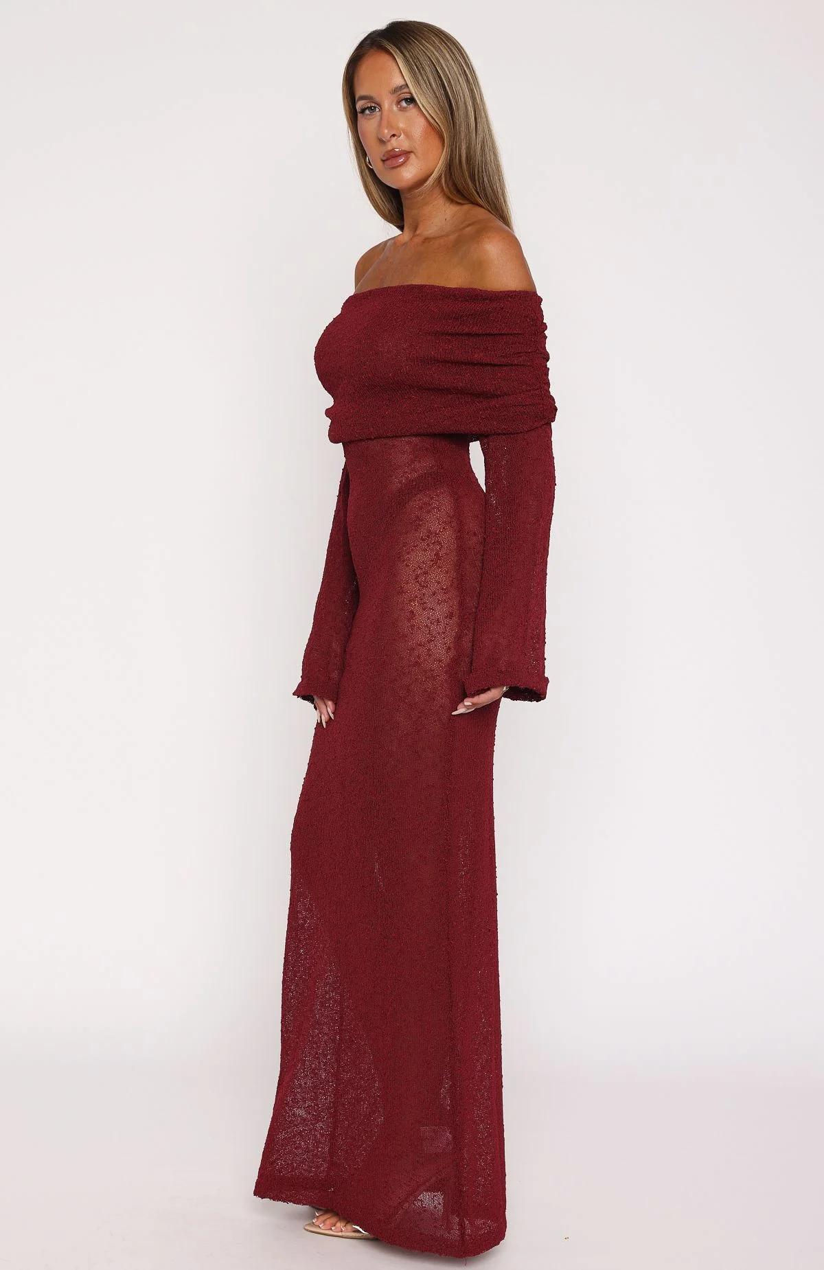 Made It Out Long Sleeve Boucle Maxi Dress Burgundy