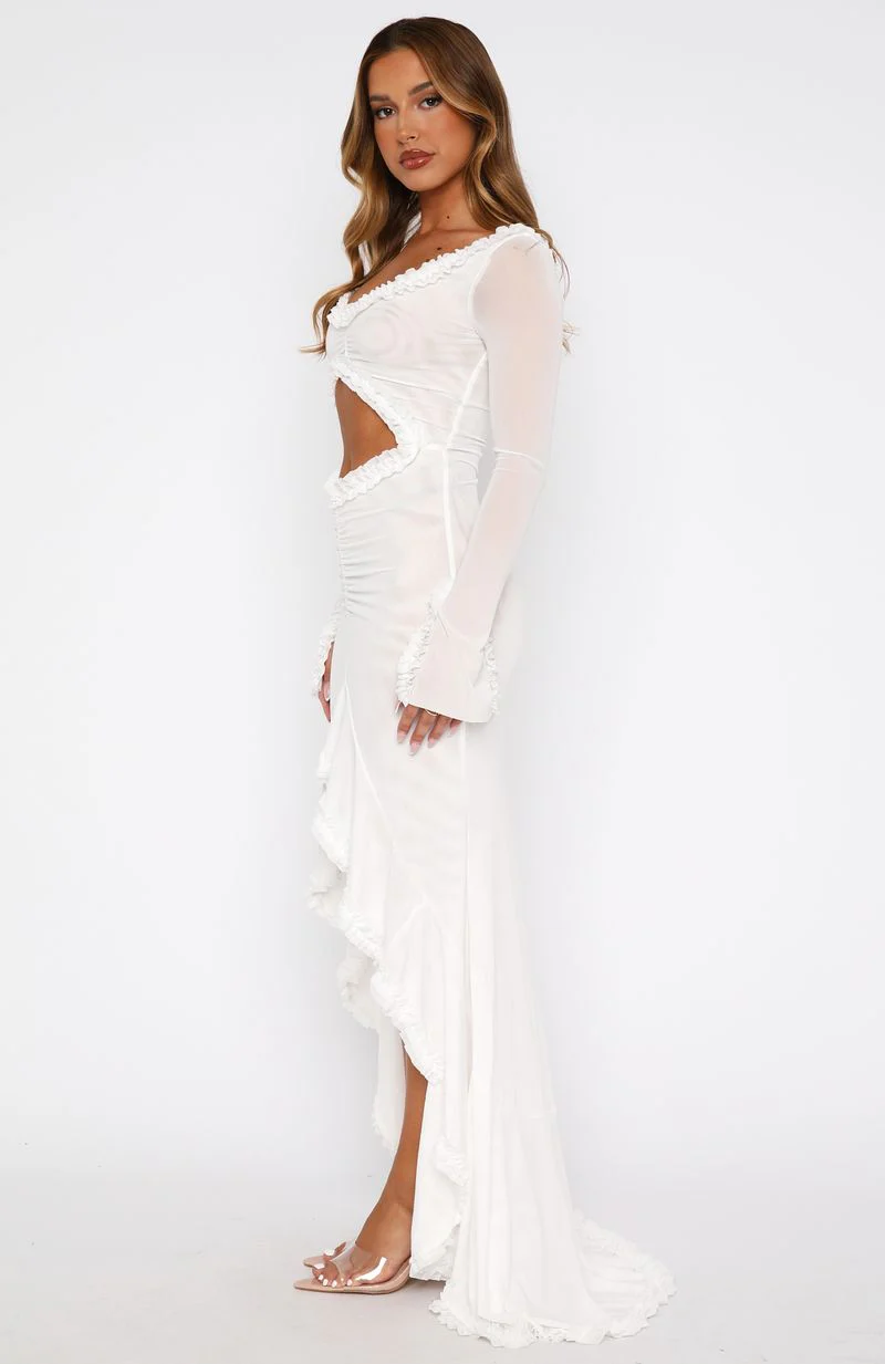 It Takes Time Long Sleeve Mesh Maxi Dress White